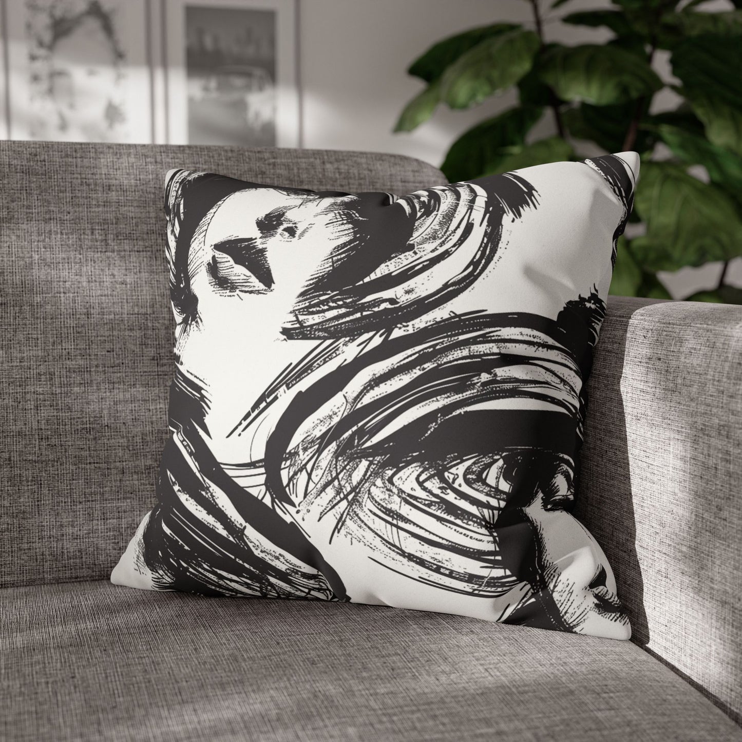 Stylish Decorative Pillowcase on a sofa showcasing black ink elegant hand-painted 20s femmen as home decor accessories BimBangDesign