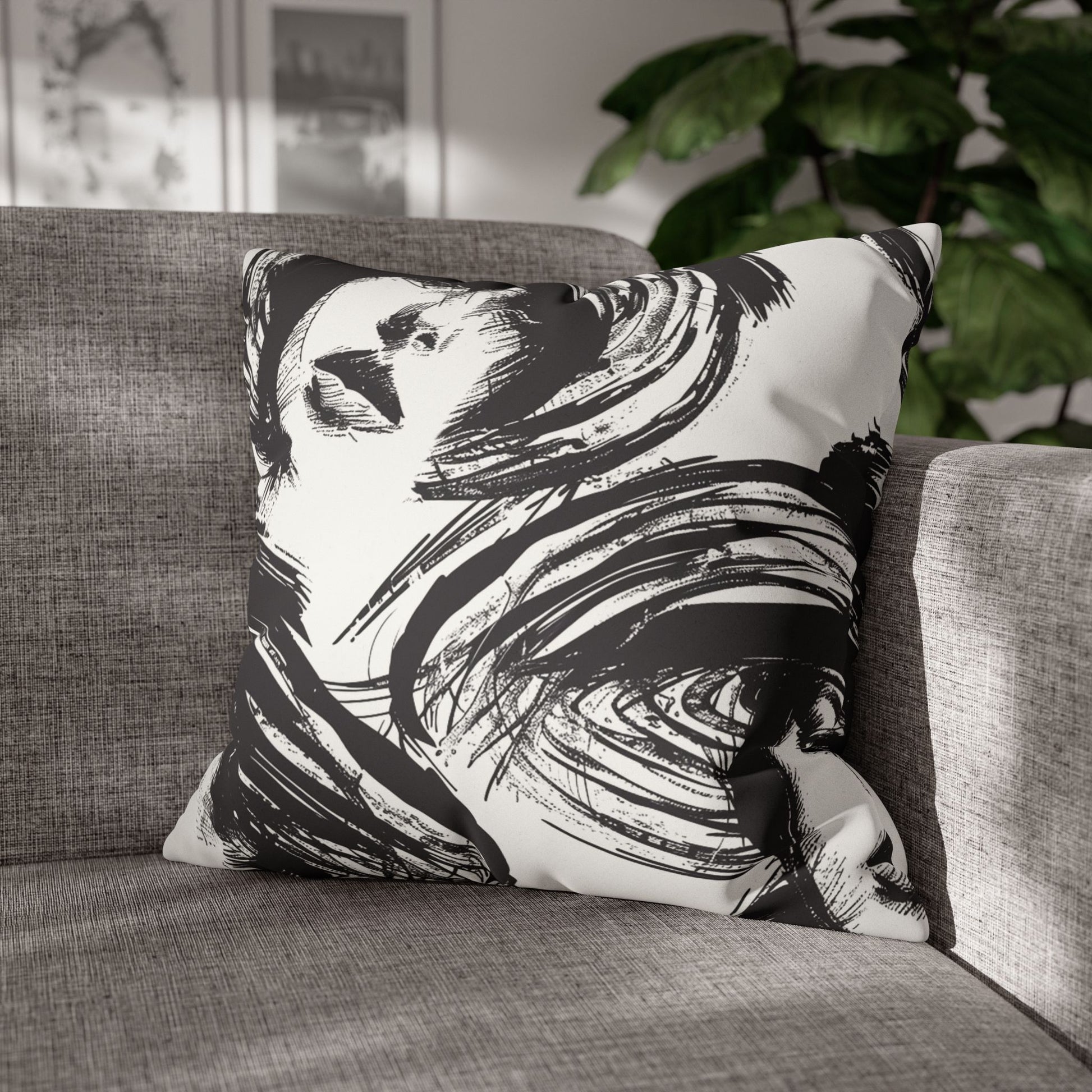 Stylish Decorative Pillowcase on a sofa showcasing black ink elegant hand-painted 20s femmen as home decor accessories BimBangDesign