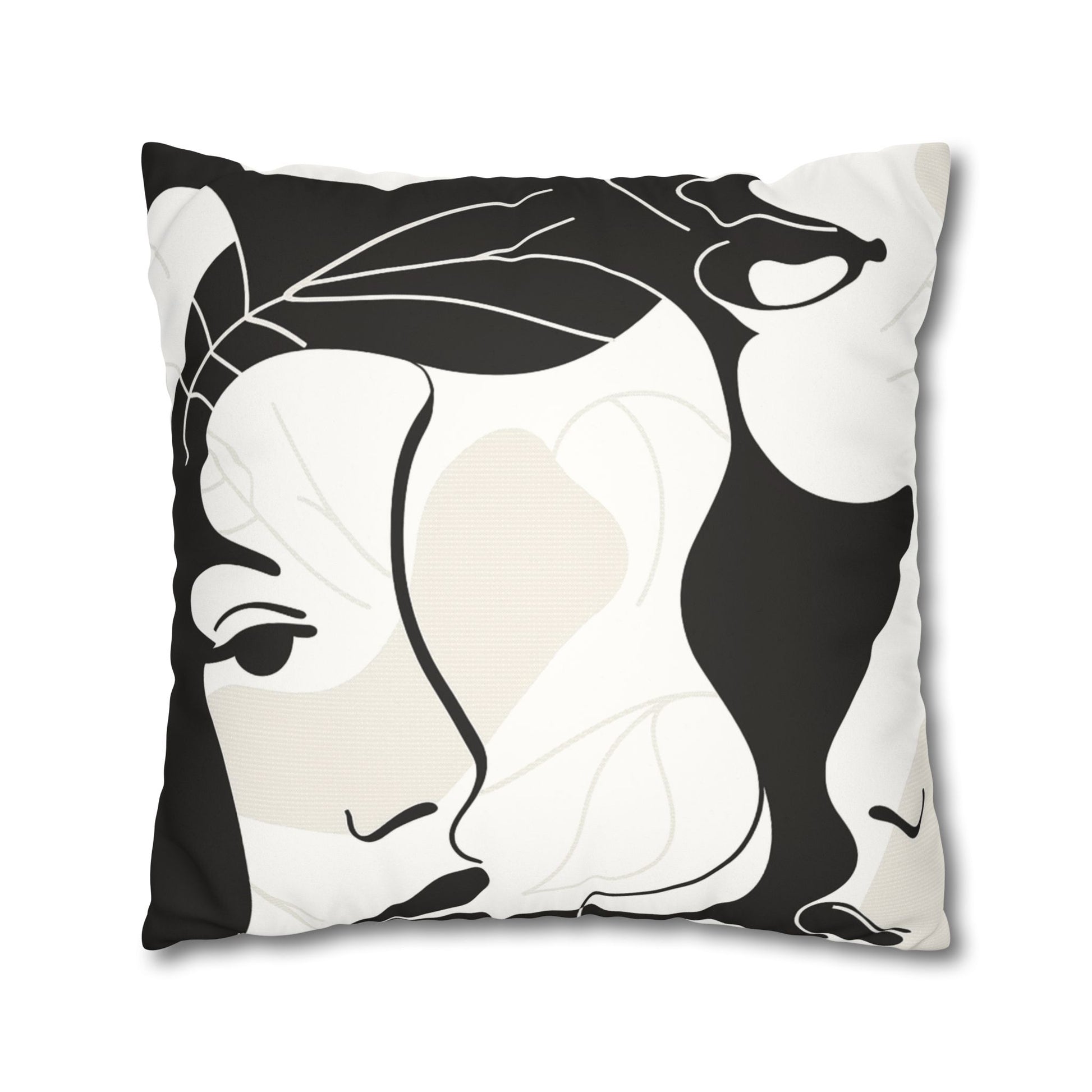back View of a Decorative Pillowcase Featuring Arty Feminine profiles, in soft black and white as home decor accessories BimBangDesign