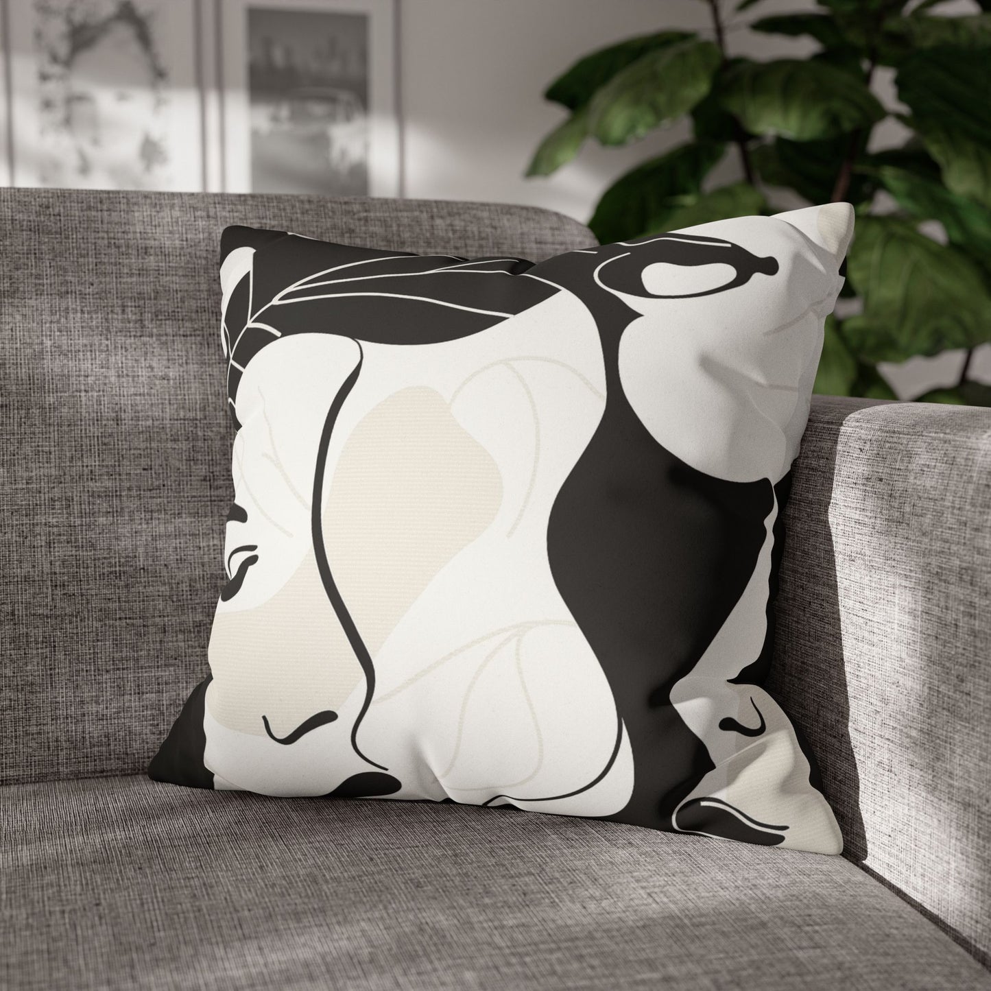 Decorative Pillowcase on a sofa Featuring Arty Feminine profiles, in soft black and white as home decor accessories BimBangDesign