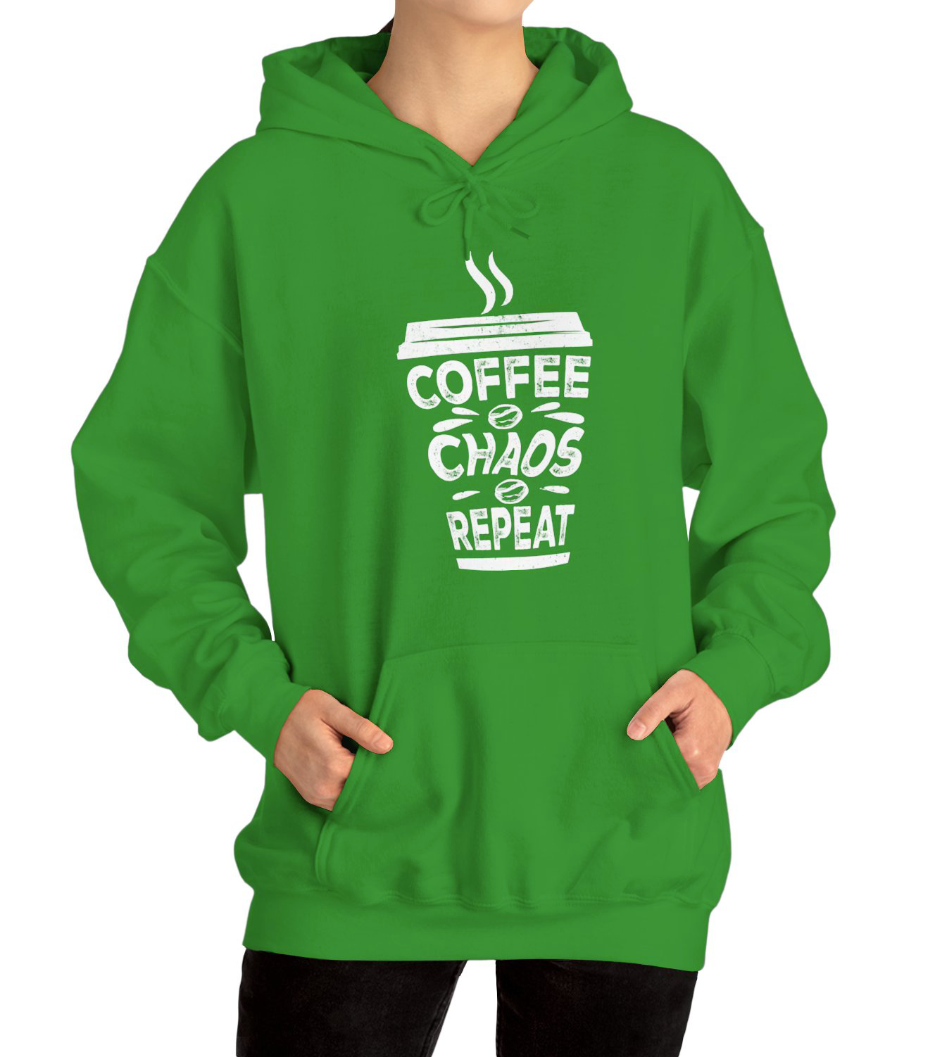 Coffee Chaos Repeat text Hoodie worn by a coffee lover on the go BimBangDesign