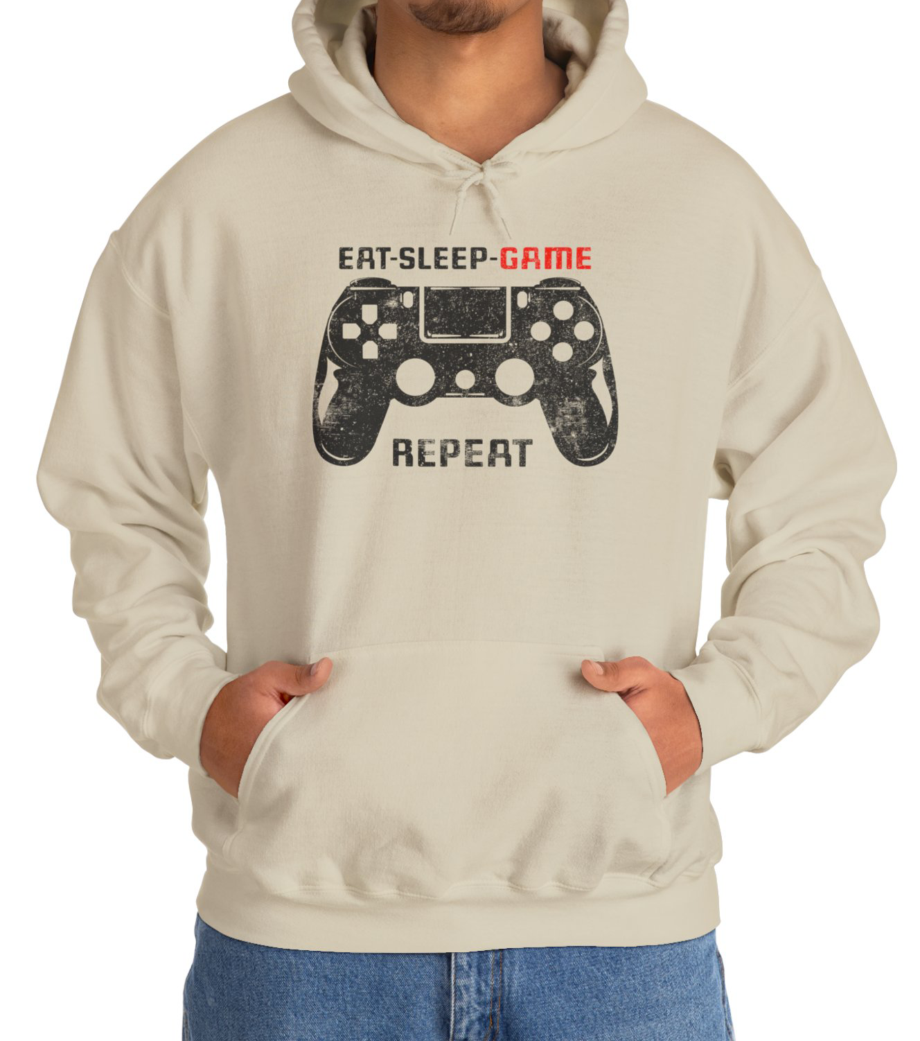 Gamer routine Hoodie Eat Sleep Game Repeat Worn by a young adult in a vintage gamer vibe BimBangDesin