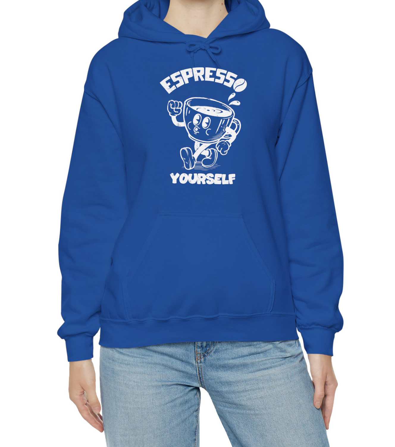 Cartoon Espresso Yourself Hoodie with a coffee cup illustration worn by an espresso coffee lover BimBangDesign