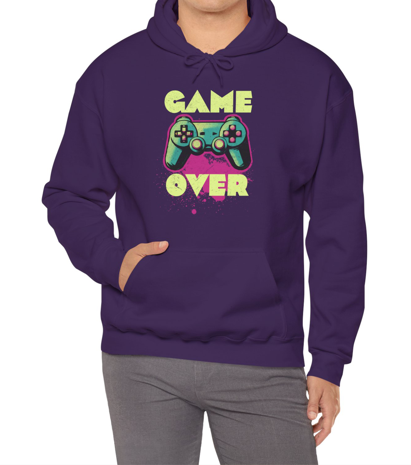 Game Over Hoodie with neon colors art worn by a young adult that love retro gamer vibes BimBangDesign