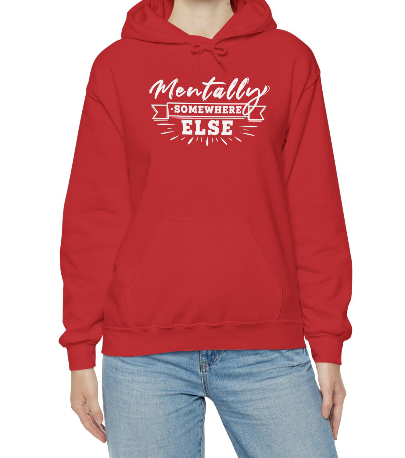 Mentally Somewhere Else Red Hoodie worn by a pensive person BimBangDesign