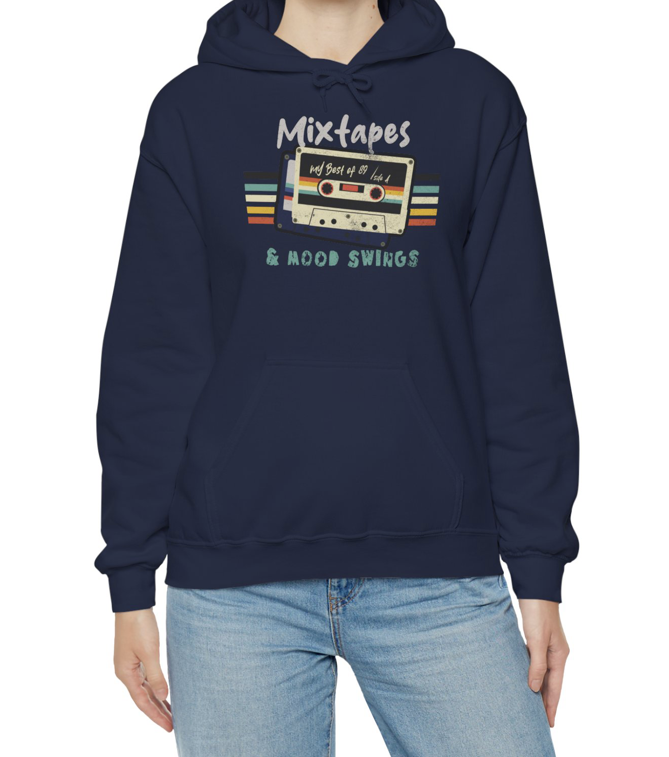 Mixtapes & Mood Swings vintage typography on a Navy Hoodie for vintage vibe hunters BimBangDesign