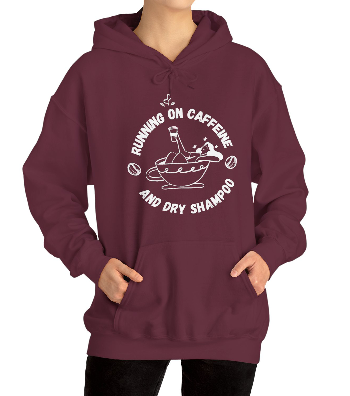 Funny Hoodie Running on Caffeine and Dry Shampoo worn by a multitasking woman BimBangDesign