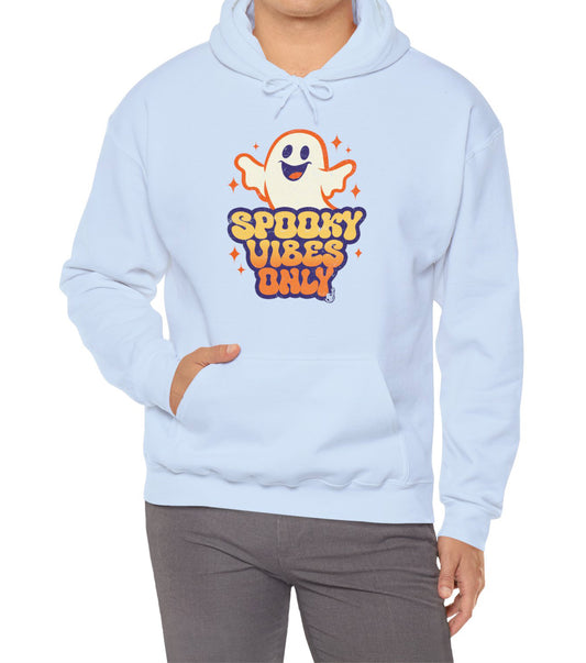 Spooky Vibes Only Hoodie with funny  ghost art worn by a young adult that love vintage halloween cartoon BimBangDesign