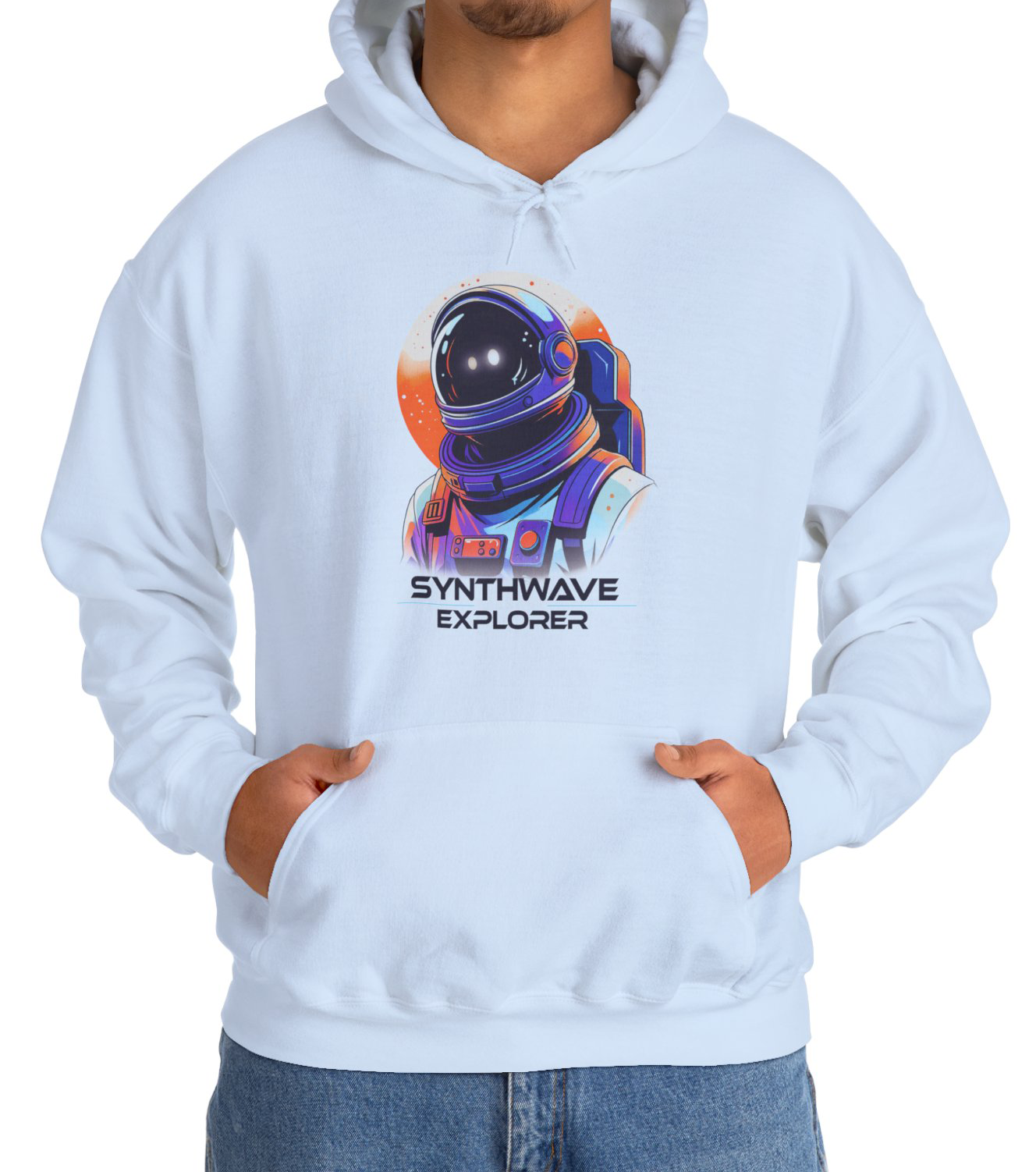 Synthwave Explorer Hoodie with stars, neon sun and retro sci-fi look spaceman BimBangDesign