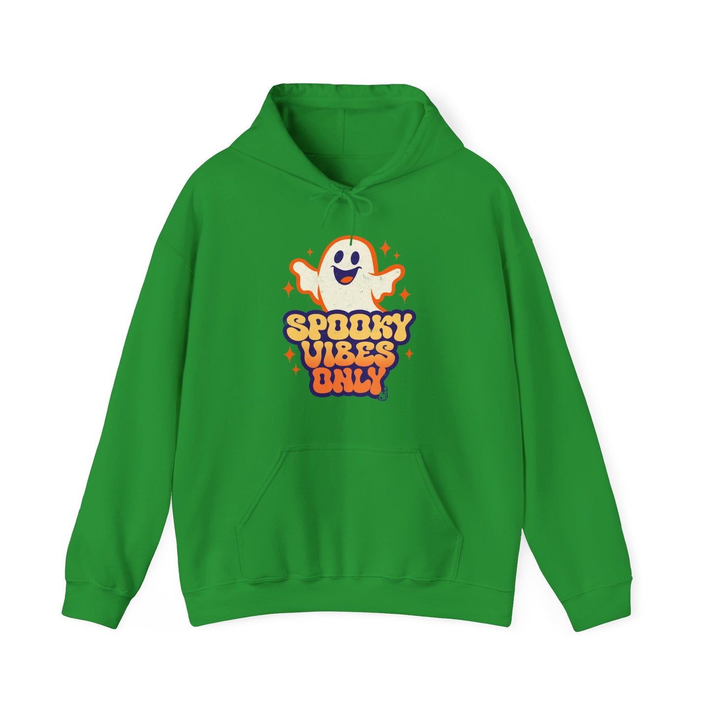 Irish Green Spooky Vibes Only Hoodie with funny ghost art for adults that love vintage halloween cartoon BimBangDesign