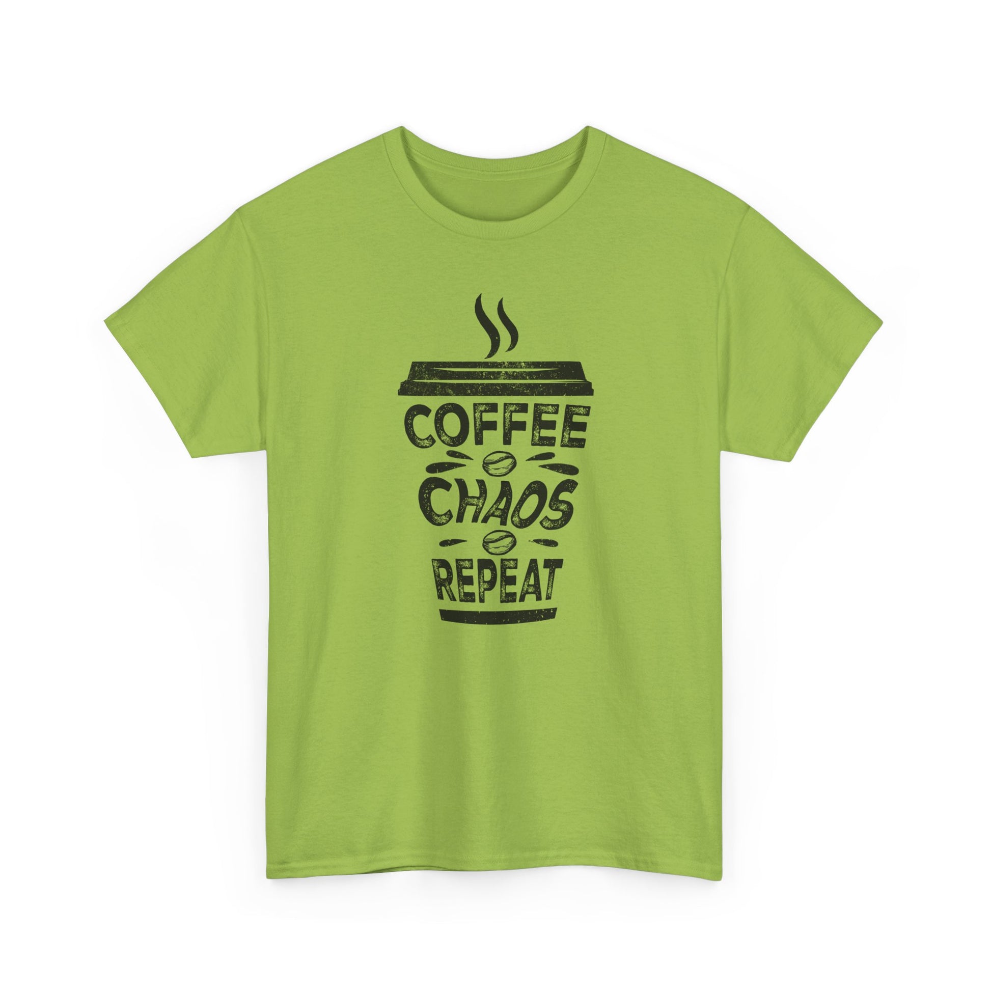 Coffee Chaos Repeat text Kiwi Green t-shirt for coffee lovers on the go BimBangDesign
