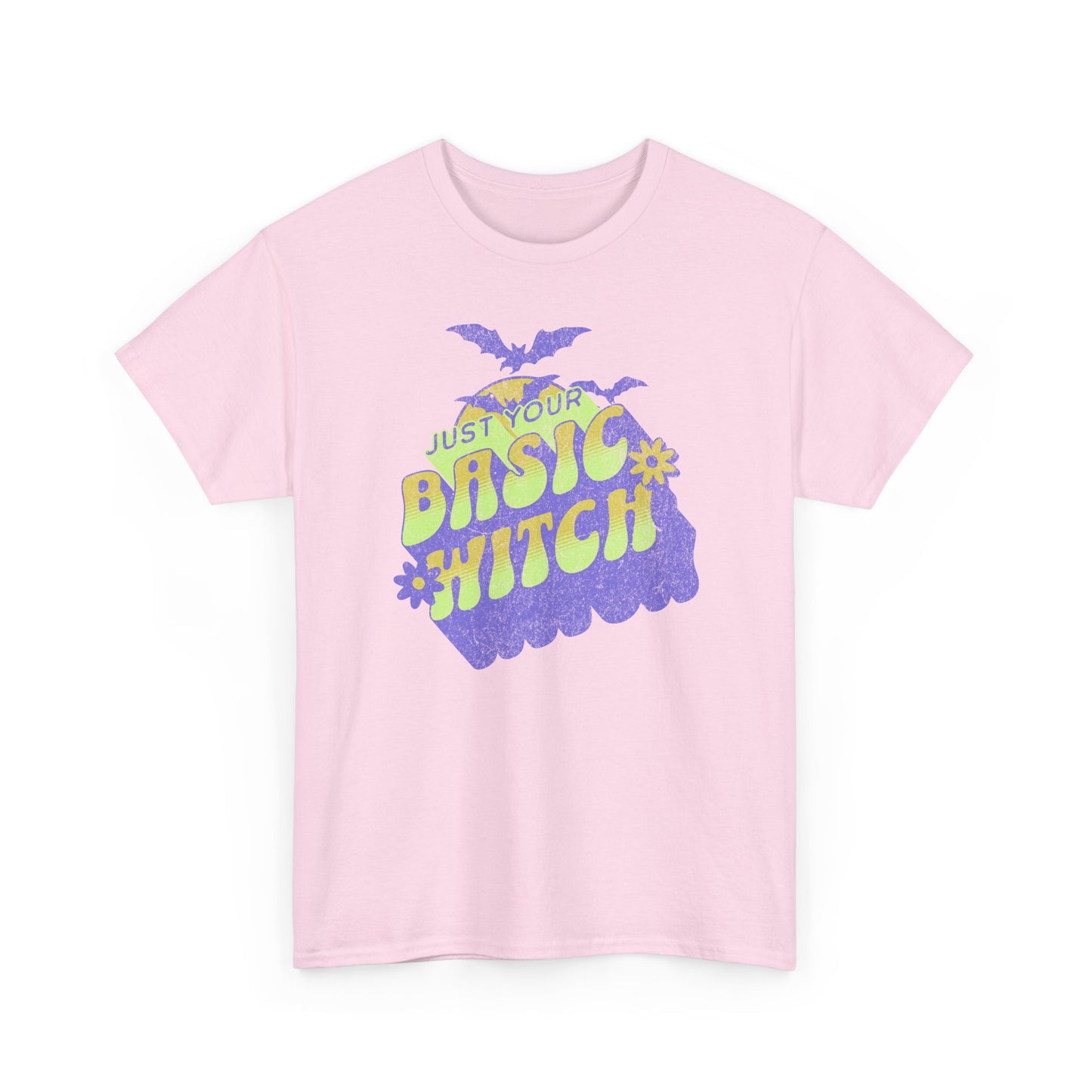 Light Pink Unisex t-shirt with “Just Your Basic Witch” print – fun Halloween tee featuring retro witchy vibes, perfect for casual spooky style. BimBangDesign