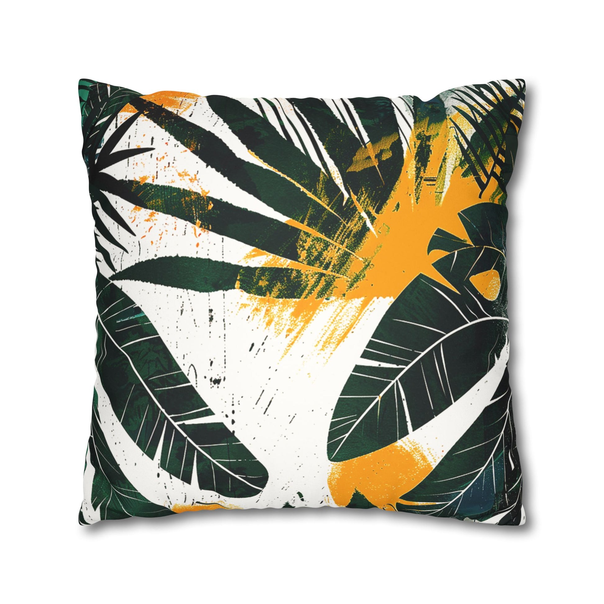 Back View of a Decorative Pillowcase of lush tropical green foliage with hand-painted ochre-yellow stylish splashes used as home decor accessory BimBangDesign