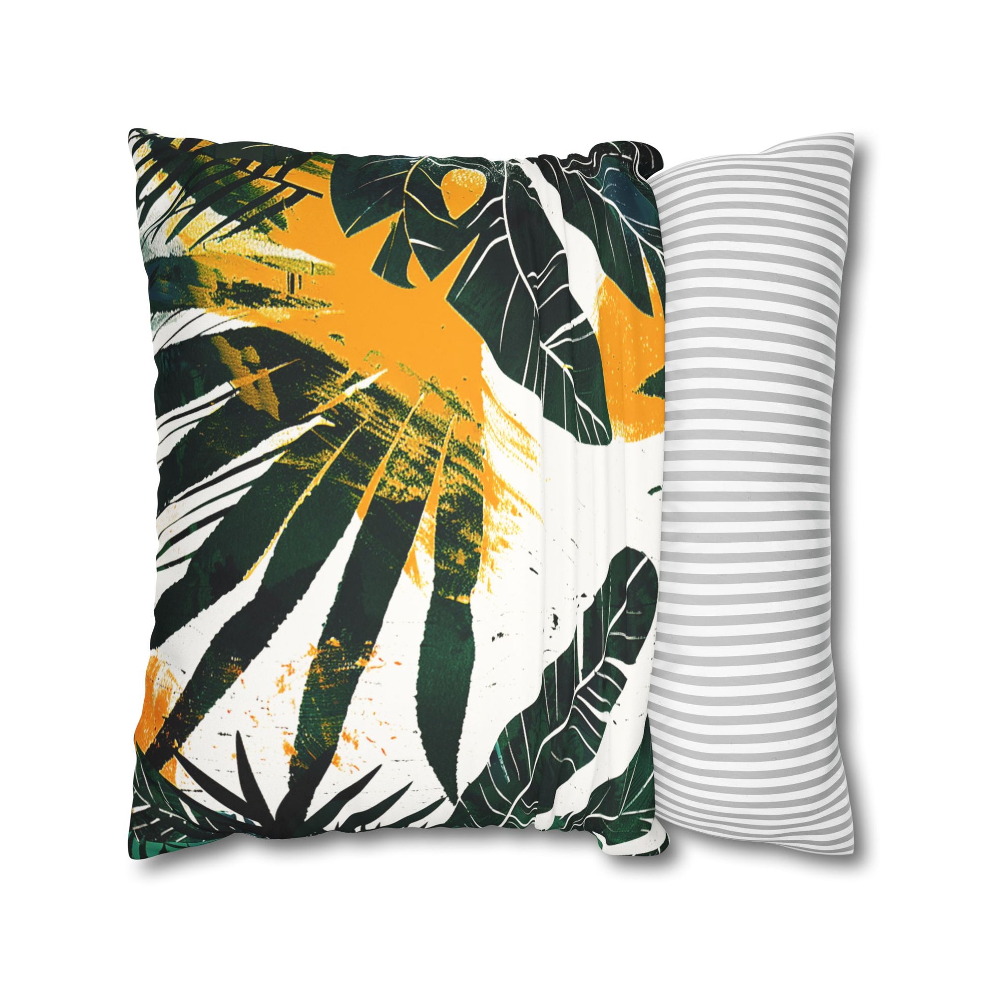 Context of use of a Decorative Pillowcase of lush tropical green foliage with hand-painted ochre-yellow stylish splashes used as home decor accessory BimBangDesign