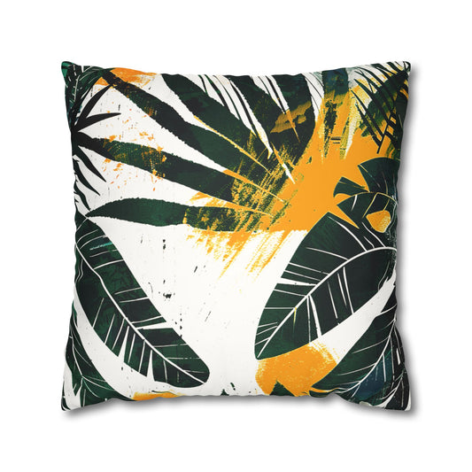 Decorative Pillowcase of lush tropical green foliage with hand-painted ochre-yellow stylish splashes used as home decor accessories BimBangDesign