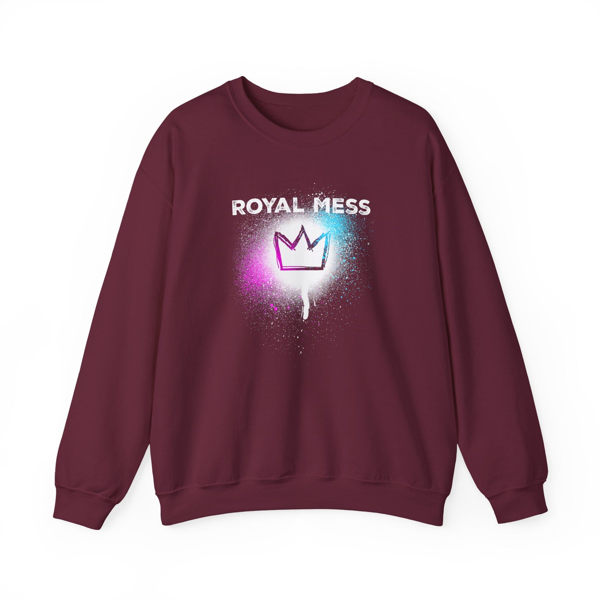 Royal Mess Maroon Sweatshirt with bold text and crown on a paint spray spatter for Queens, kings, and chaos connoisseurs BimBangDesign