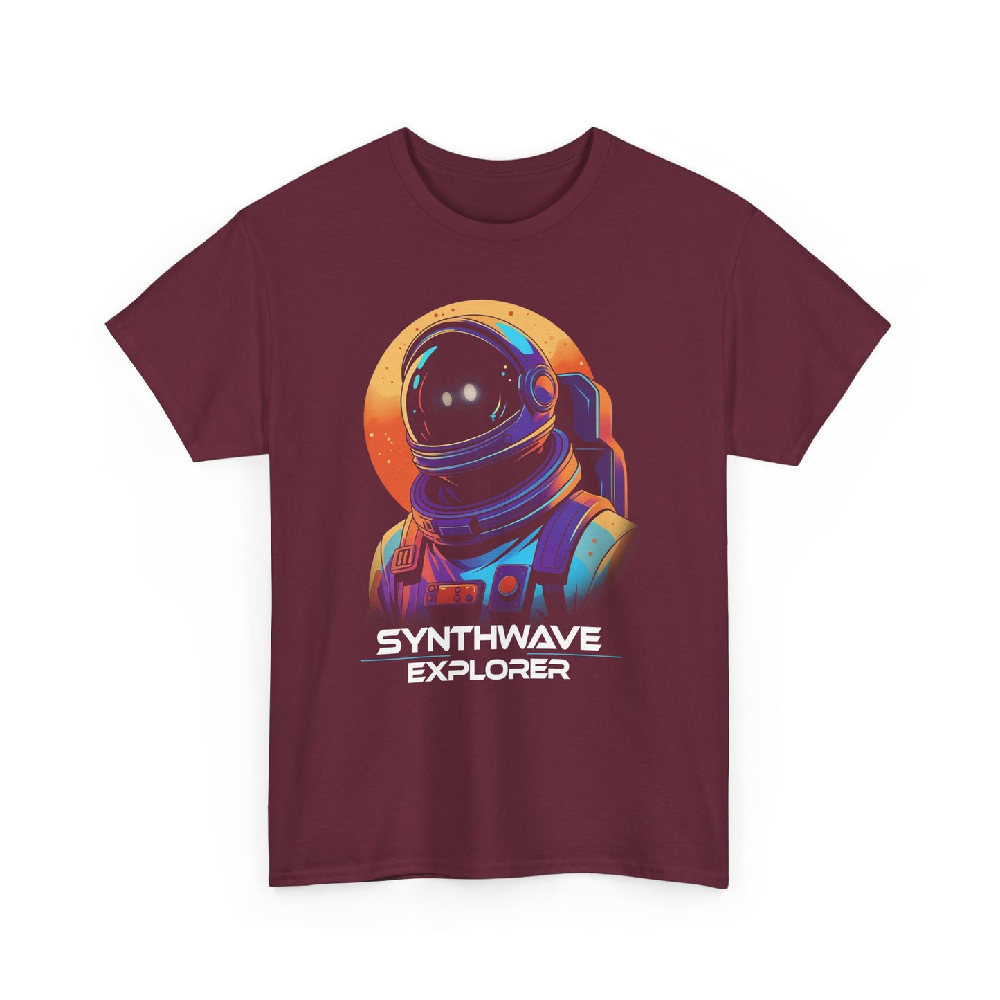 Maroon Synthwave Explorer t-shirt with stars and neon sun, retro sci-fi look BimBangDesign