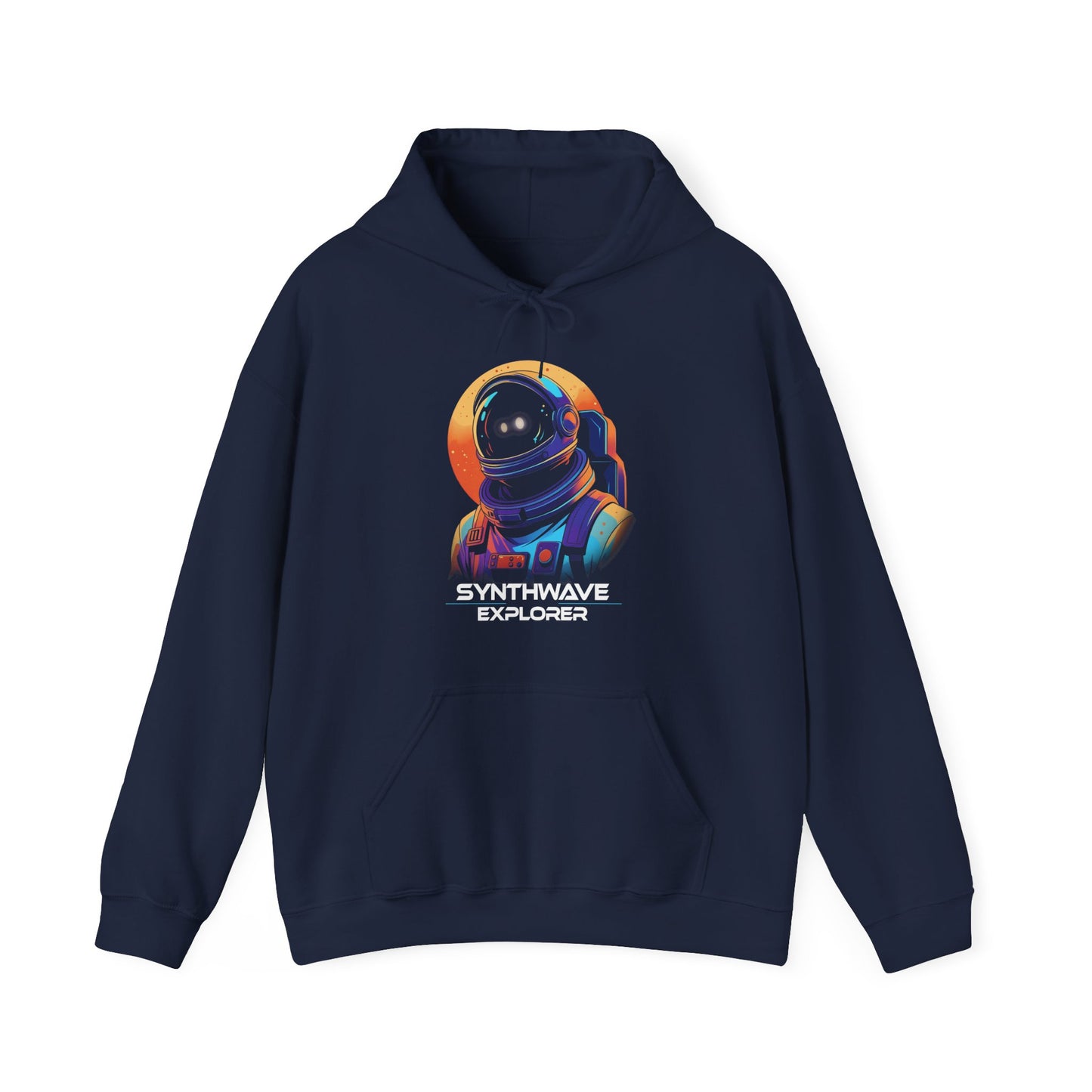 Navy Synthwave Explorer Hoodie with stars, neon sun and retro sci-fi look spaceman BimBangDesign