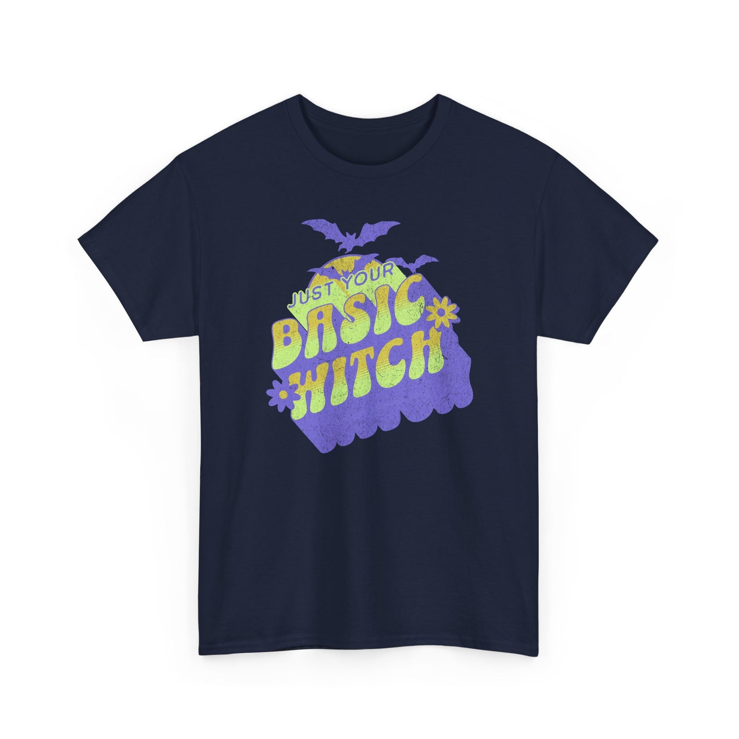 Navy Unisex t-shirt with “Just Your Basic Witch” print – fun Halloween tee featuring retro witchy vibes, perfect for casual spooky style. BimBangDesign
