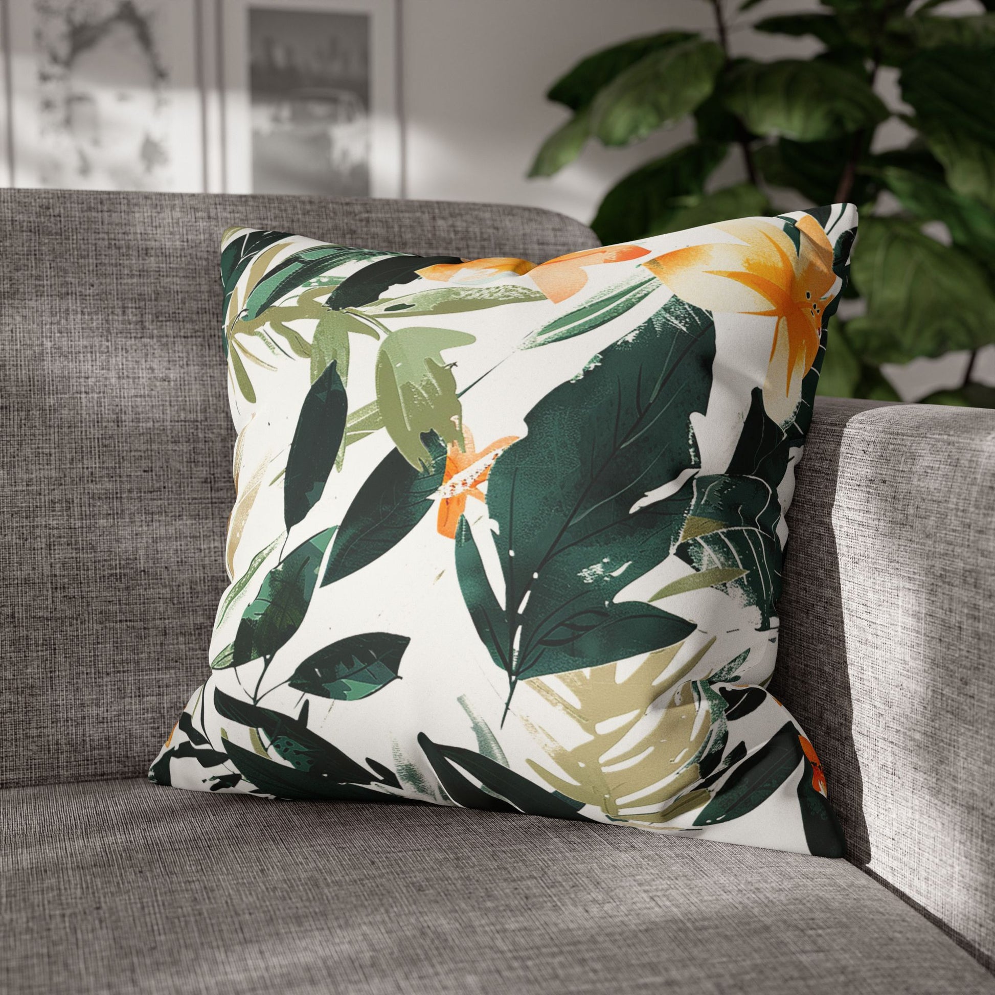 Fresh and soft watercolor artistic design Decorative Pillowcase featuring hand-painted foliage and flowers on a sofa, used as home decor accessory BimBangDesign
