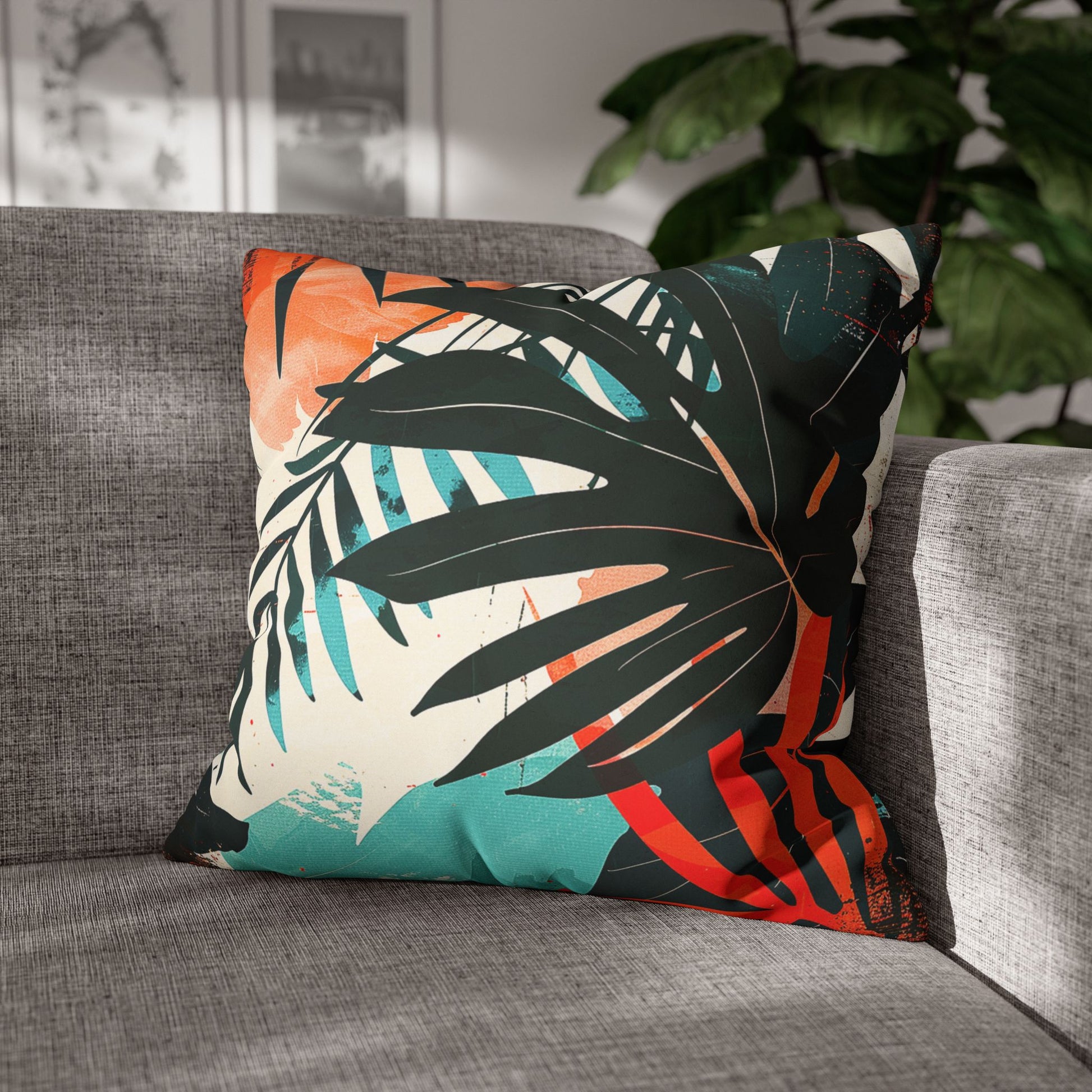 Decorative Pillowcase of Fresh artistic Tropical Leaves on a sofa used as home decor accessory  BimBangDesign