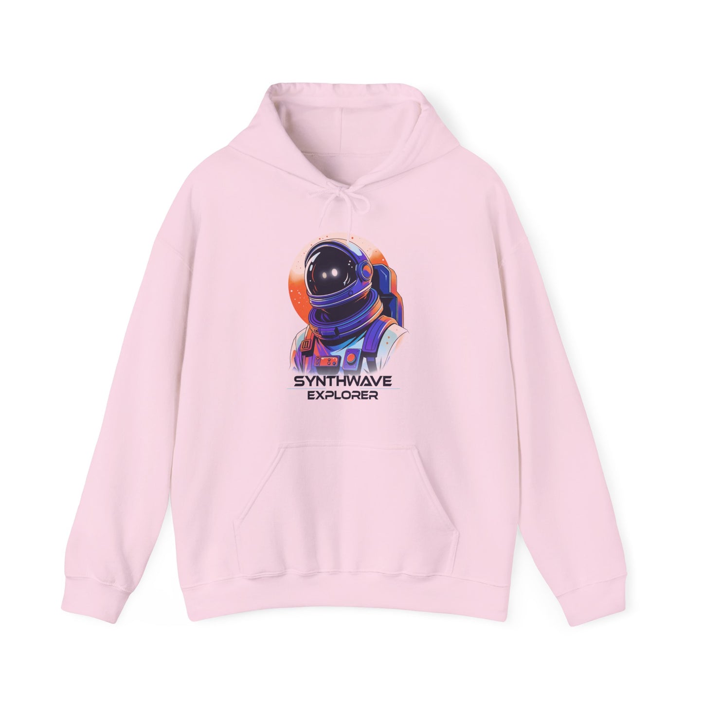 Pink Synthwave Explorer Hoodie with stars, neon sun and retro sci-fi look spaceman BimBangDesign