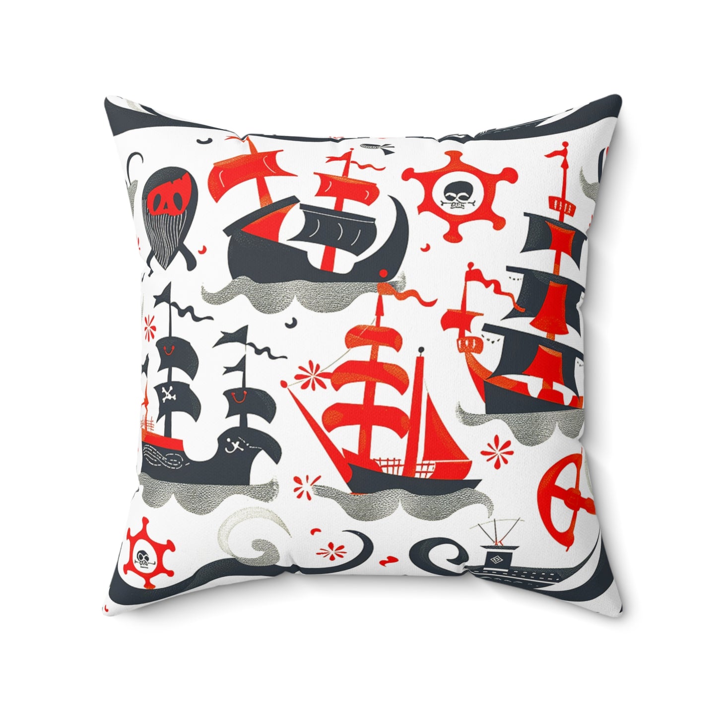 Decorative Pillow Back view of charming pirate ships in red, black, and grey, sailing for home decor accessories BimBangDesign