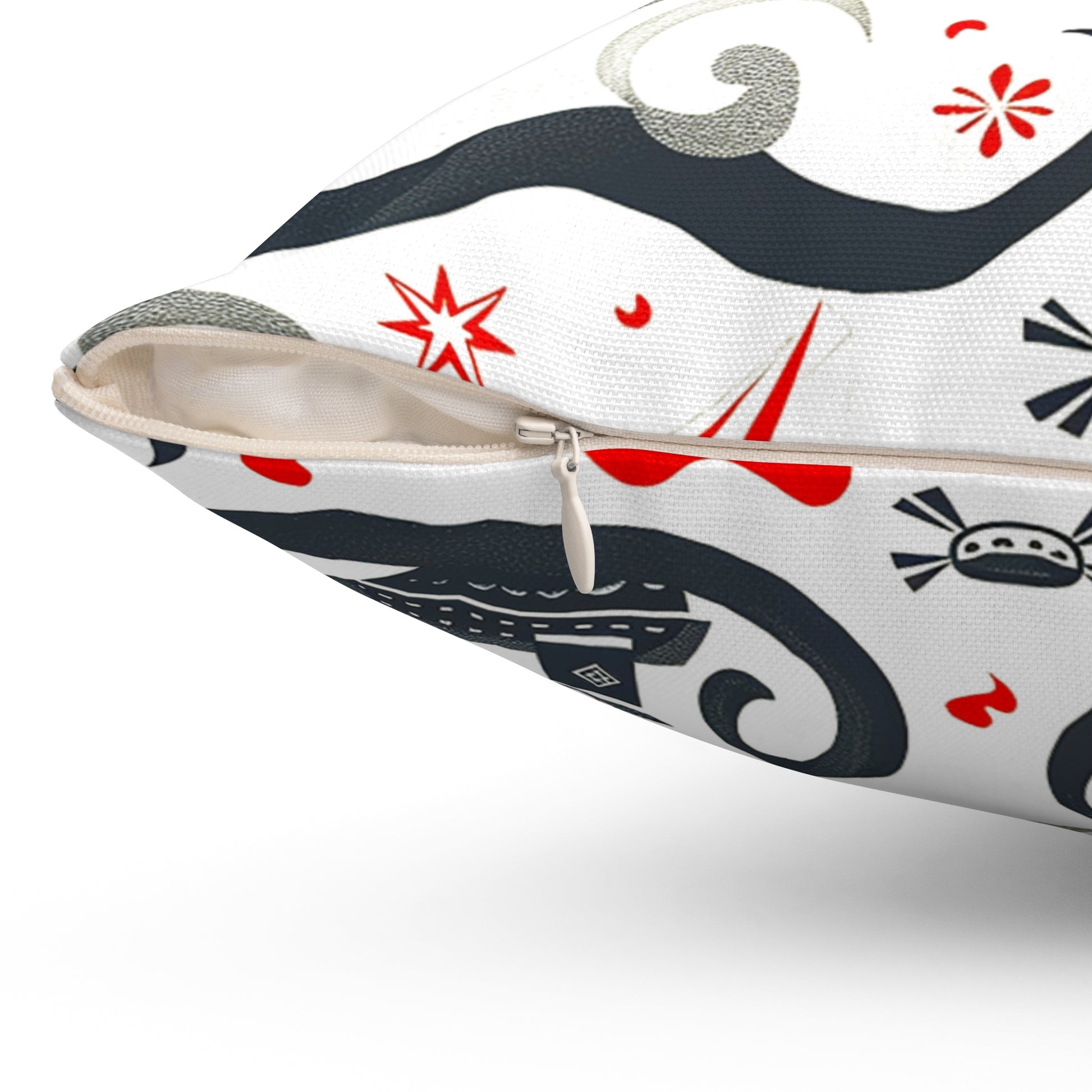 Decorative Pillow details of charming pirate ships in red, black, and grey, sailing for home decor accessories BimBangDesign