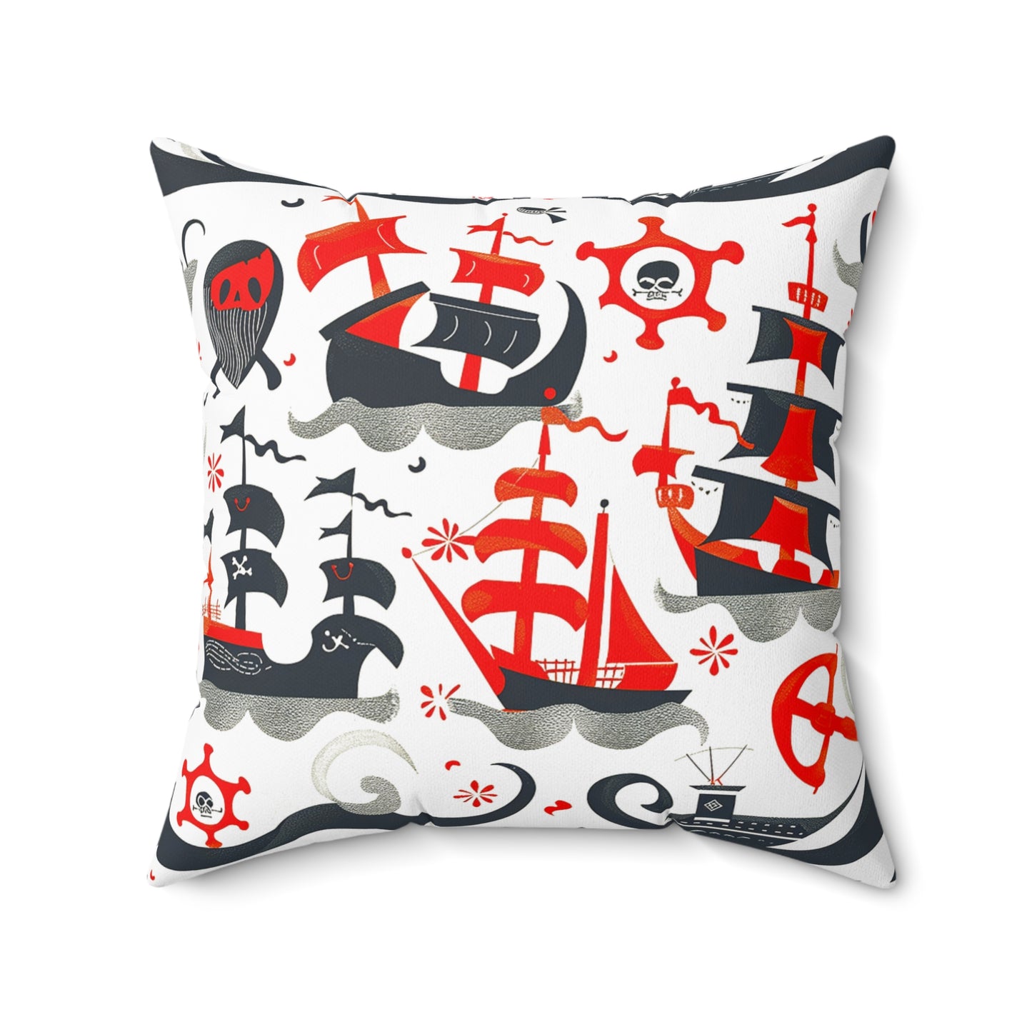 Decorative Pillow of charming pirate ships in red, black, and grey, sailing for home decor accessories BimBangDesign