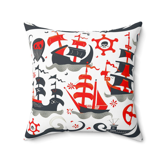 Decorative Pillow of charming pirate ships in red, black, and grey, sailing for home decor accessories BimBangDesign