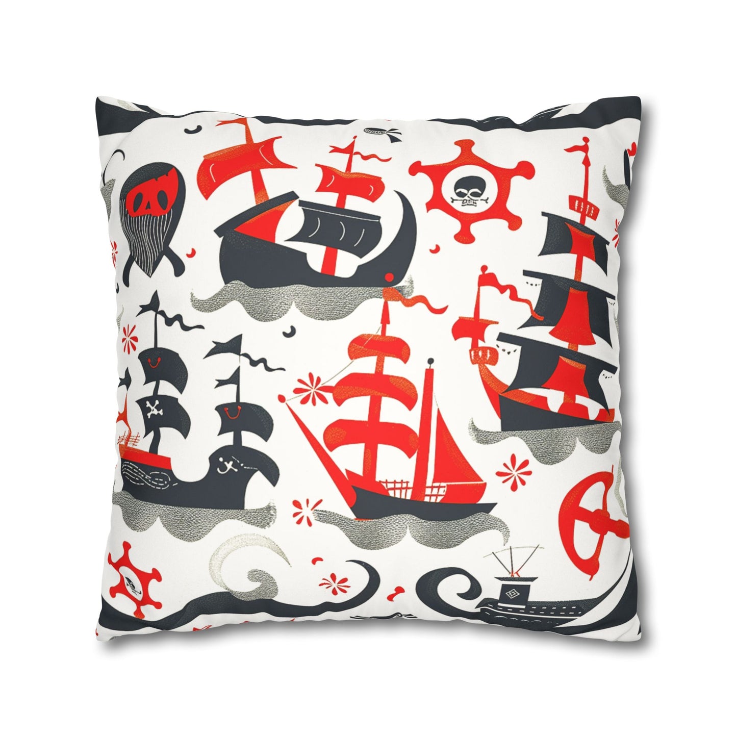 Back view of a decorative pillowcase printed with charming red, black and grey pirate ships as home decor accessories BimBangDesign