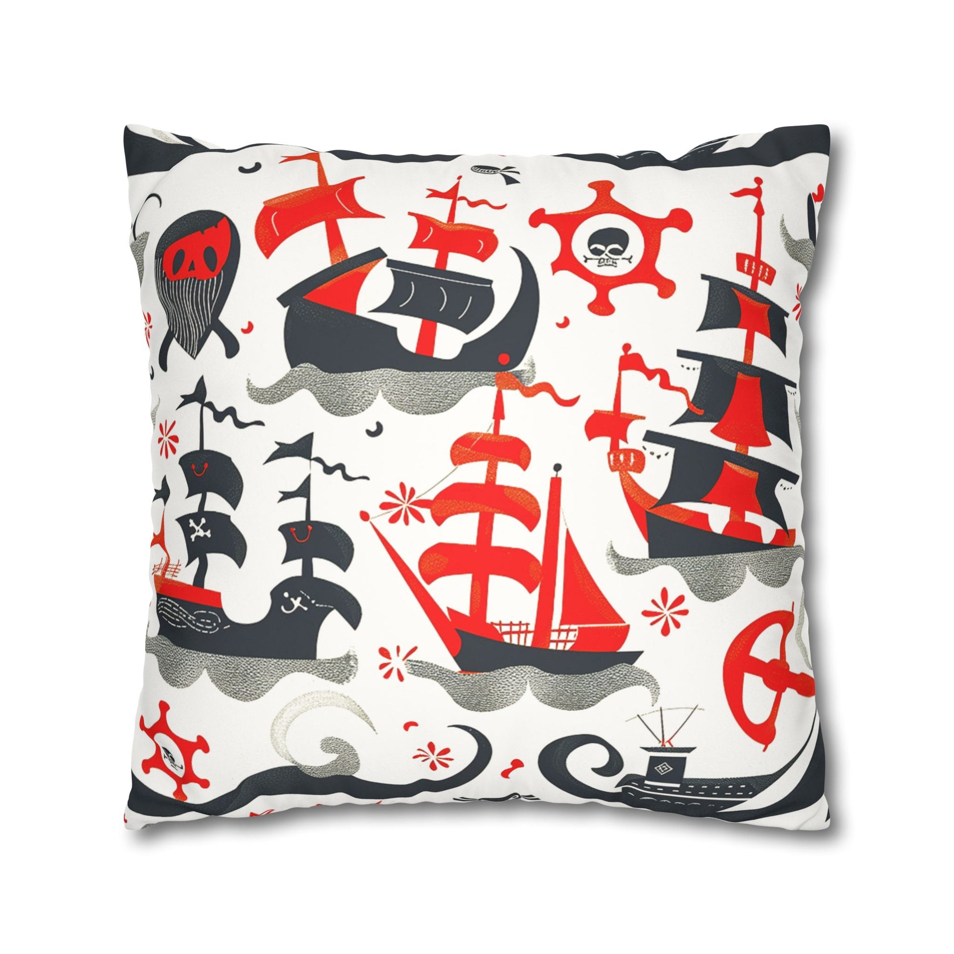 Back view of a decorative pillowcase printed with charming red, black and grey pirate ships as home decor accessories BimBangDesign