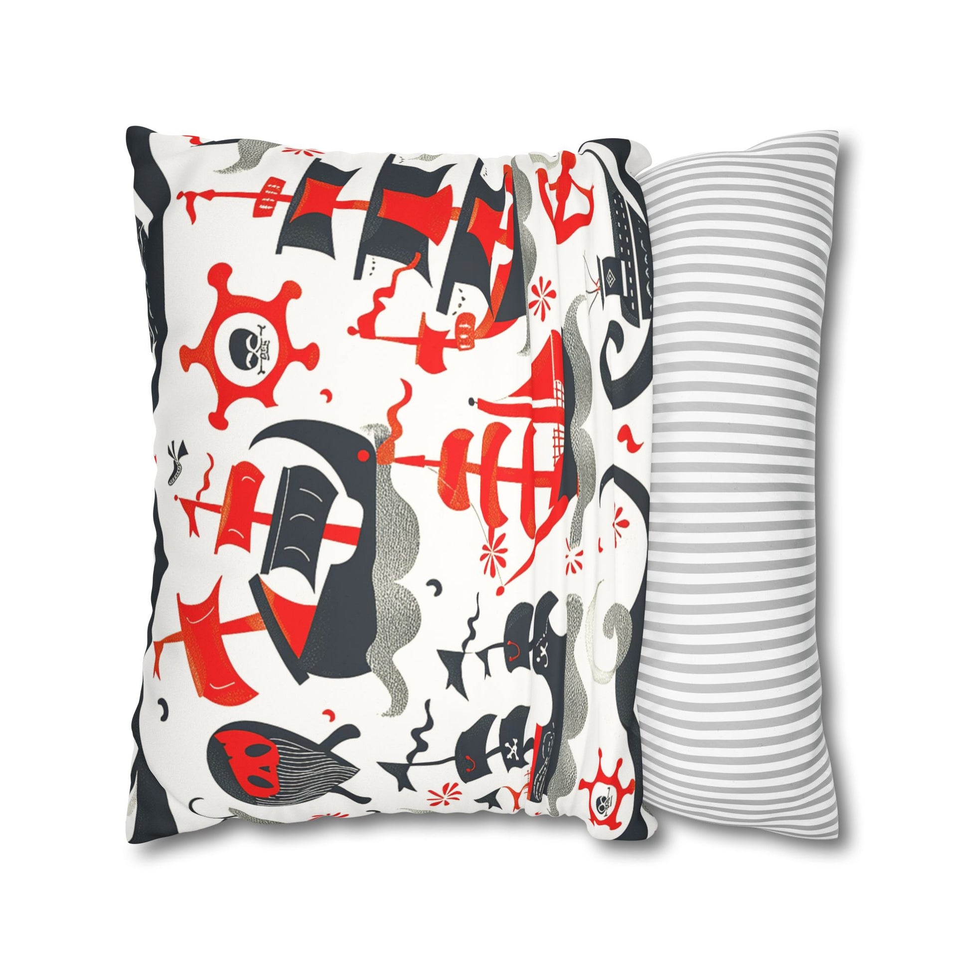 Context of use of a Decorative pillowcase printed with charming red, black and grey pirate ships as home decor accessories BimBangDesign