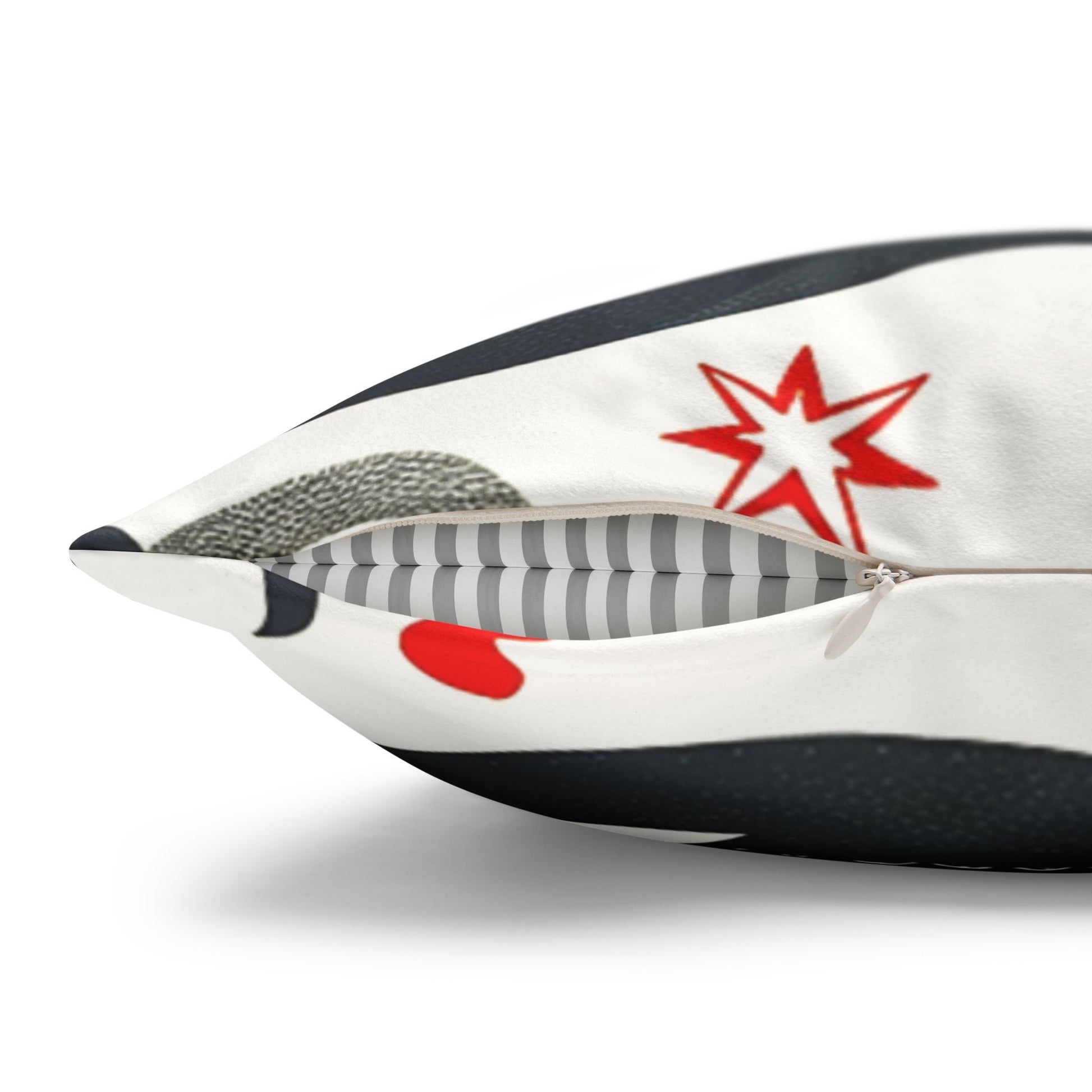 Details view of a decorative pillowcase printed with charming red, black and grey pirate ships as home decor accessories BimBangDesign