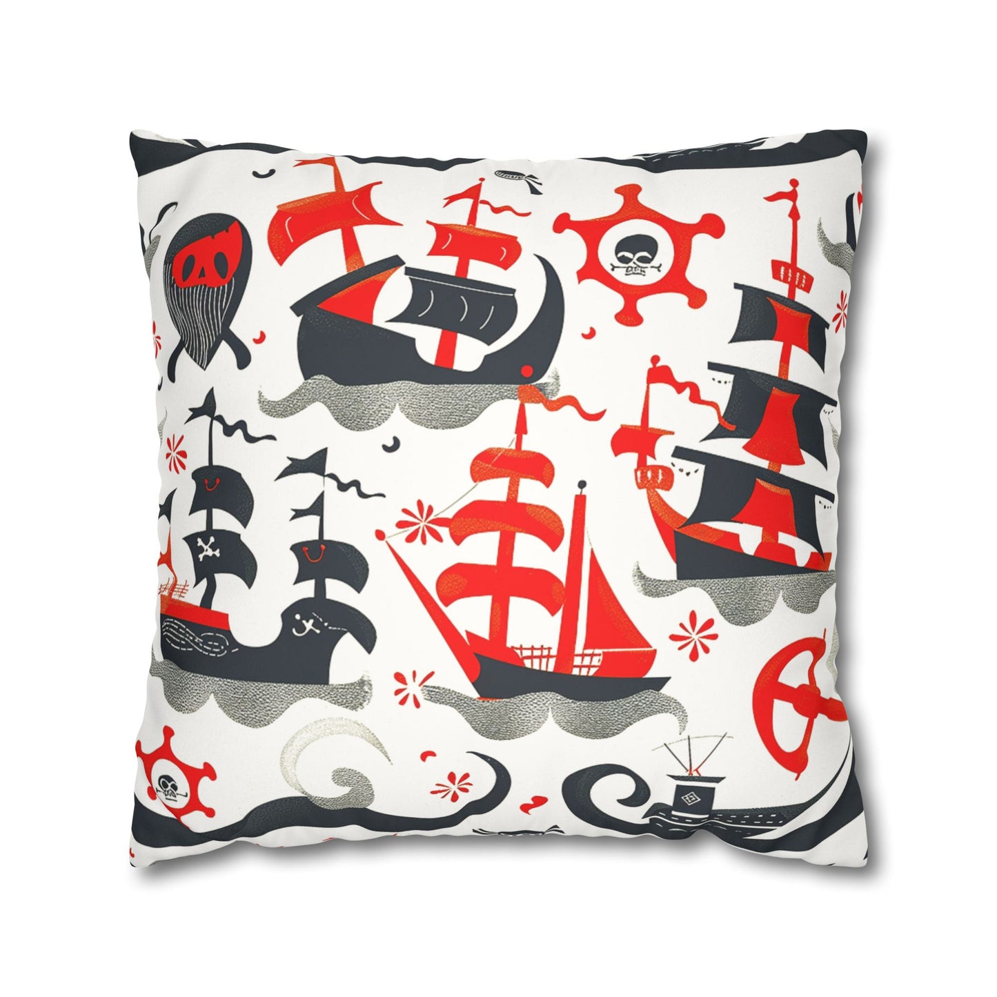 Decorative pillowcase printed with charming red, black and grey pirate ships as home decor accessories BimBangDesign