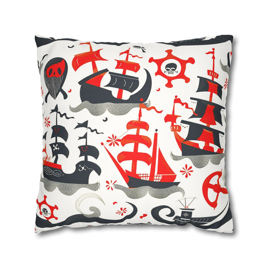 Decorative pillowcase printed with charming red, black and grey pirate ships as home decor accessories BimBangDesign