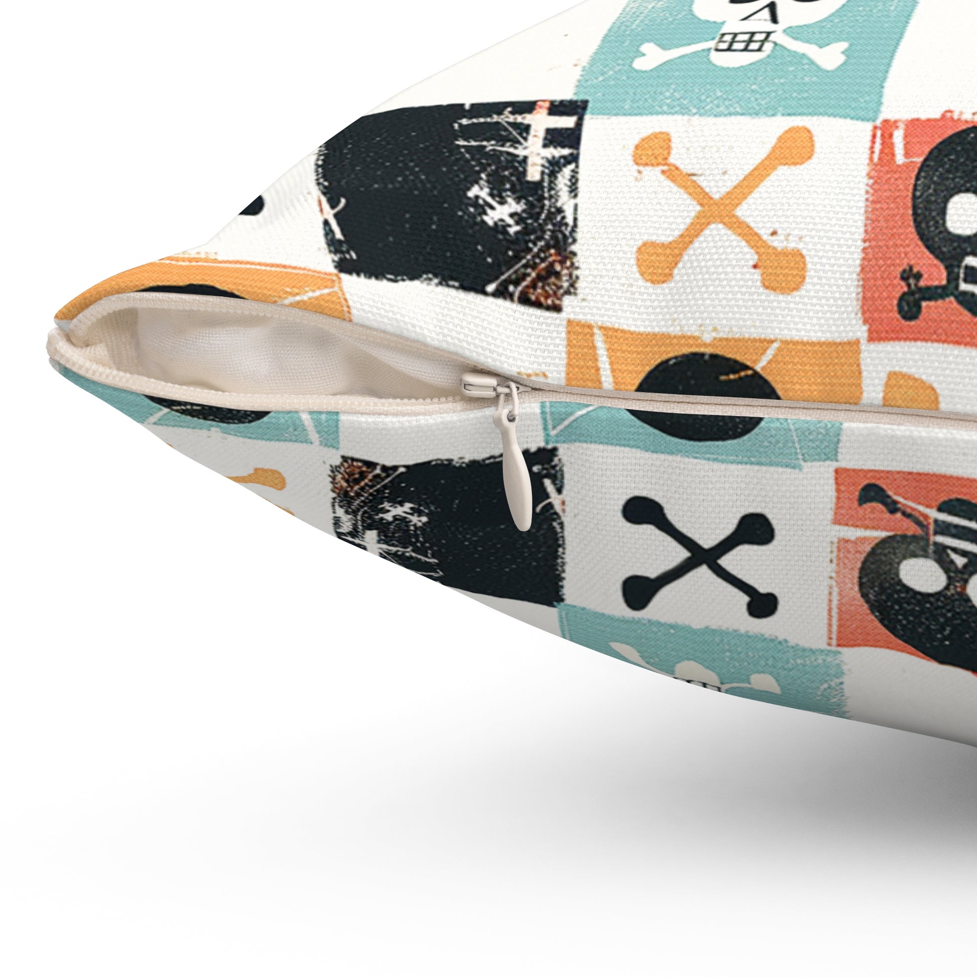 Decorative Pillow details Showcasing cute, pirate-style skulls and crossbones for home decor accessories BimBangDesign