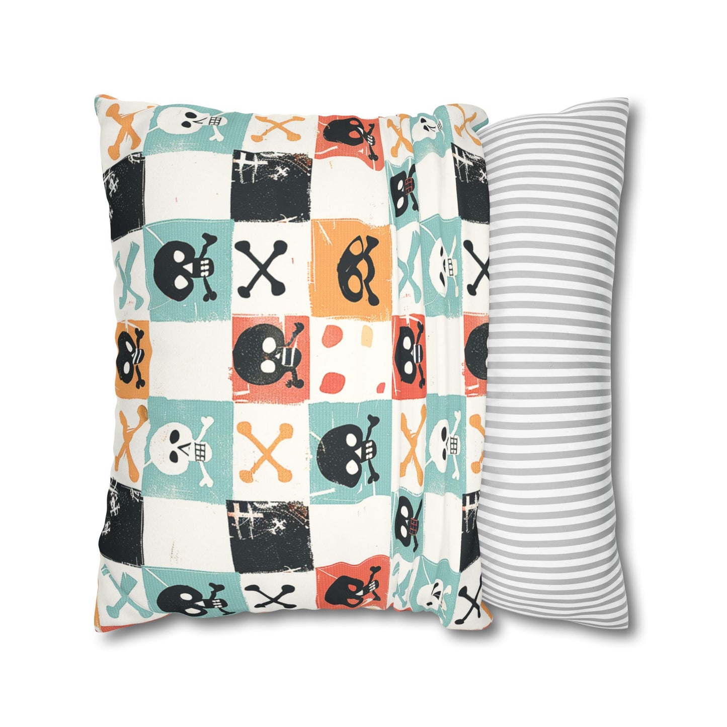 Context Use of Decorative Pillowcase showcasing cute, pirate-style skulls and crossbones pattern for home decor accessories BimBangDesign