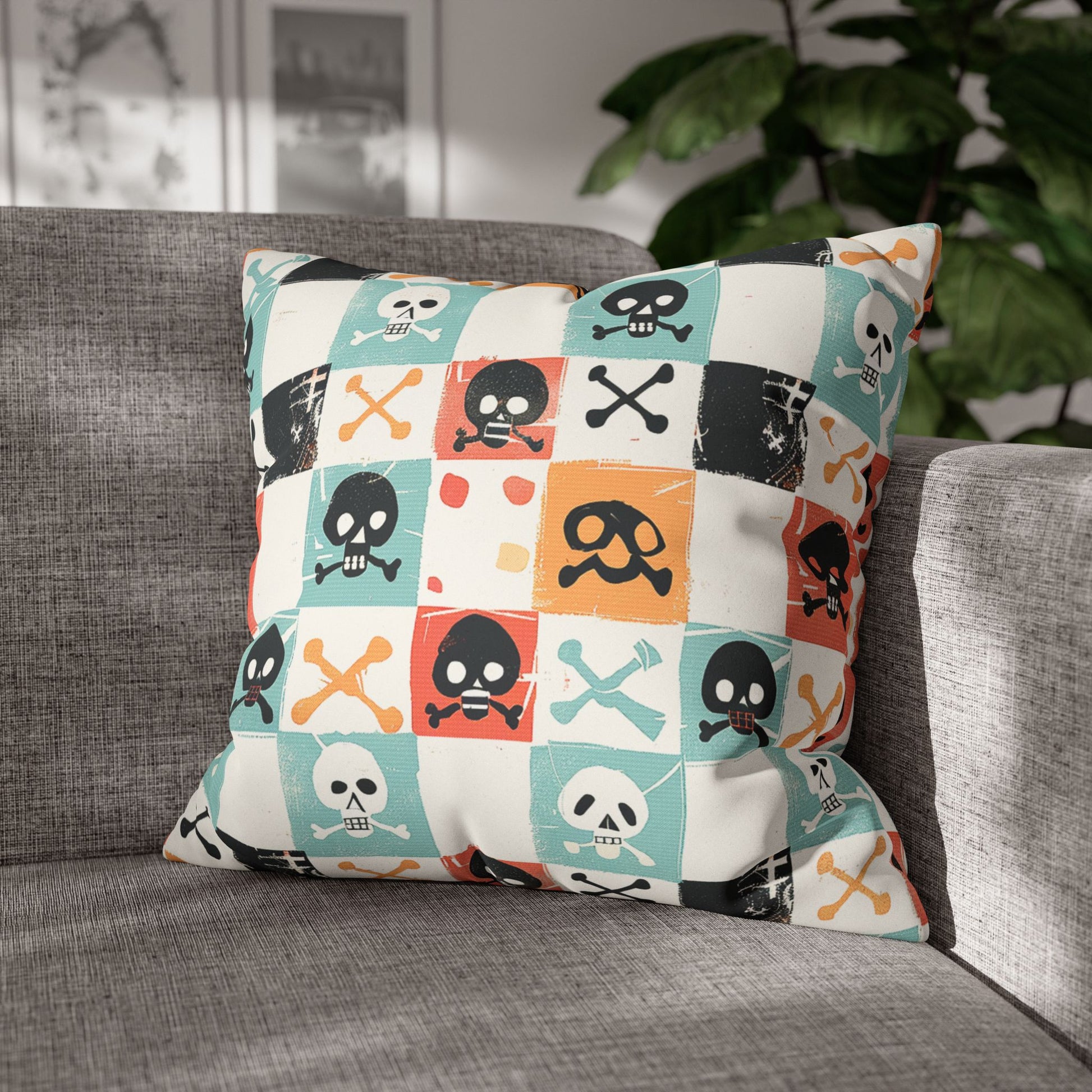 Decorative Pillowcase on a sofa, showcasing cute, pirate-style skulls and crossbones pattern for home decor accessories BimBangDesign