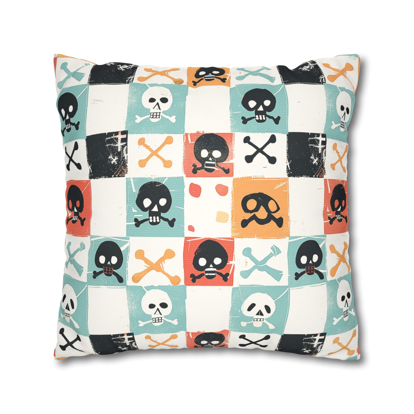 Back View of a Decorative Pillowcase showcasing cute, pirate-style skulls and crossbones pattern for home decor accessories BimBangDesign