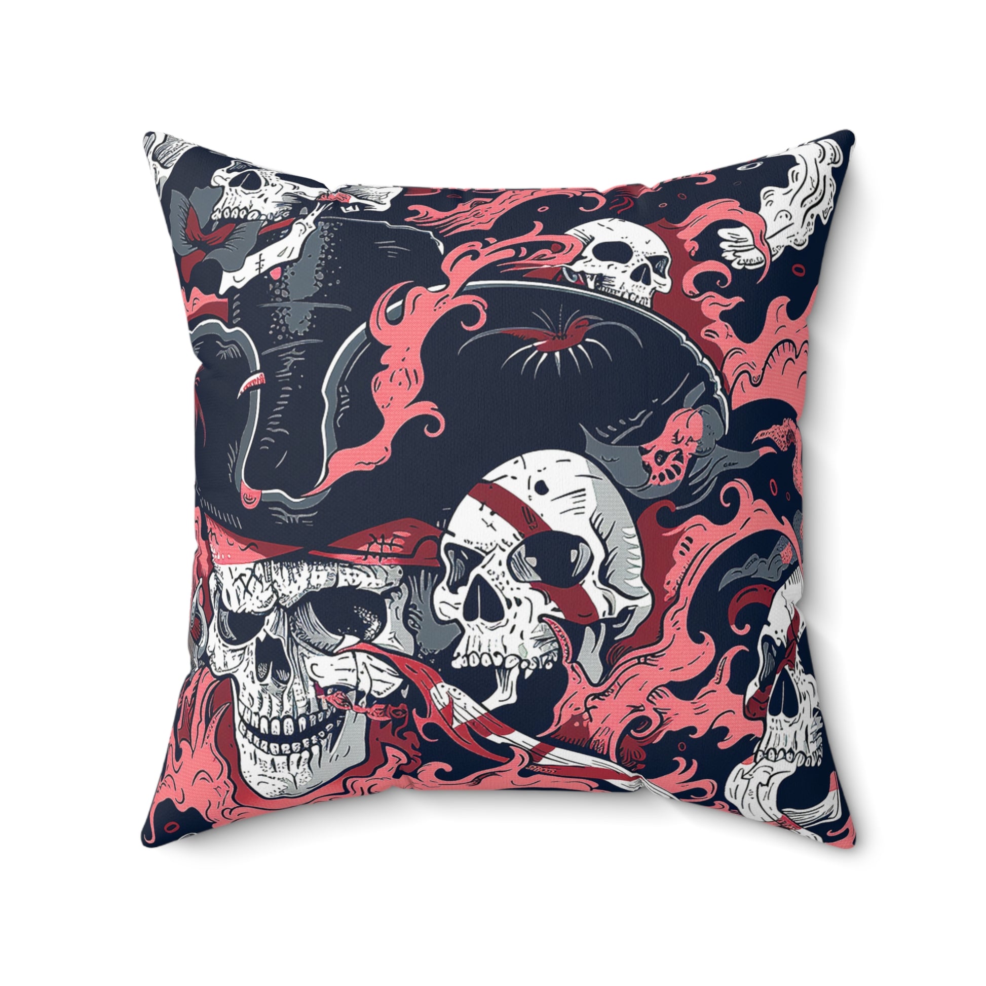 Decorative Pillow back view of Pirate Skulls in black-grey tricorn hats, coral-red bandanas for home decor accessories BimBangDesign