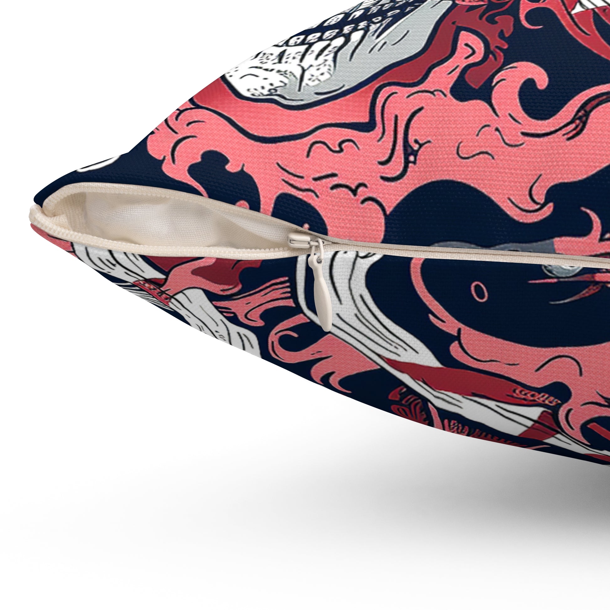 Decorative Pillow Details of Pirate Skulls in black-grey tricorn hats, coral-red bandanas for home decor accessories BimBangDesign