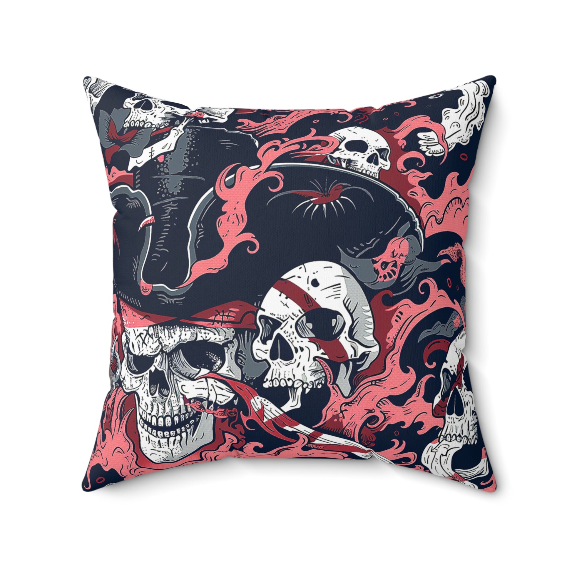 Decorative Pillow of Pirate Skulls in black-grey tricorn hats, coral-red bandanas for home decor accessories BimBangDesign