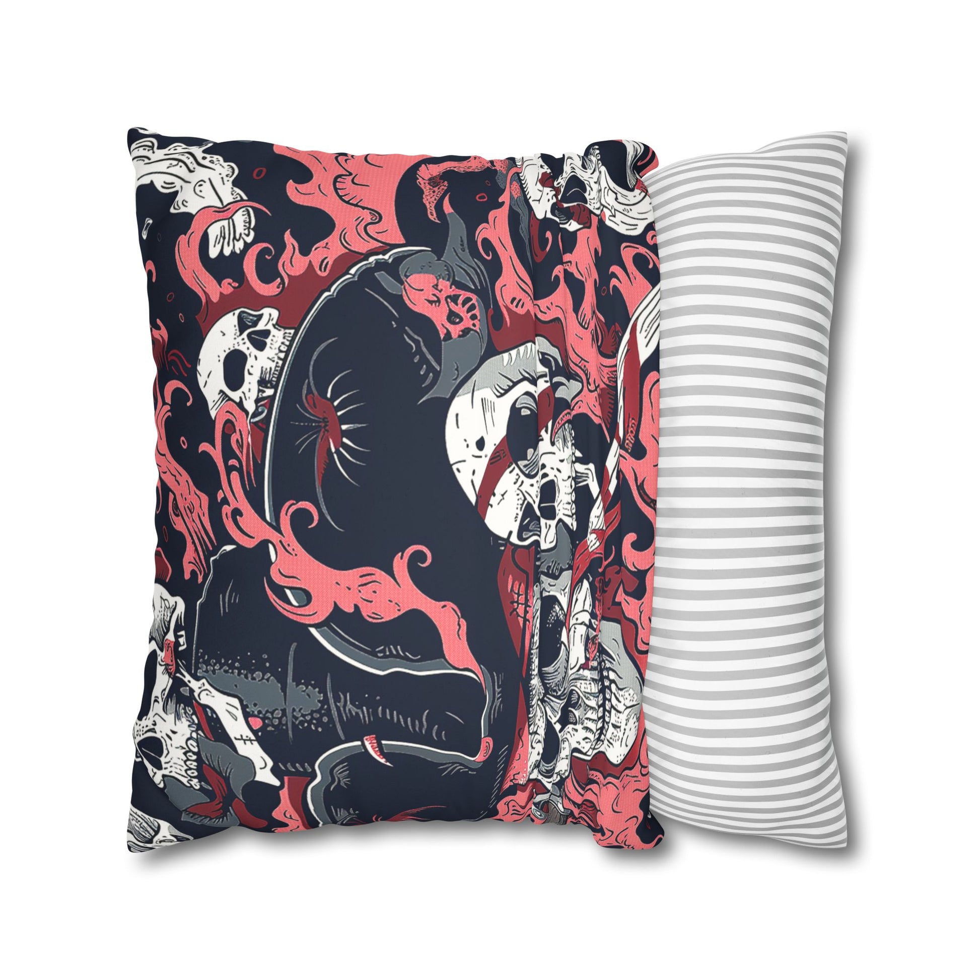 Context of use of a Decorative Pillow of Pirate Skulls in black-grey tricorn hats, coral-red bandanas used as a home decor accessory BimBangDesign