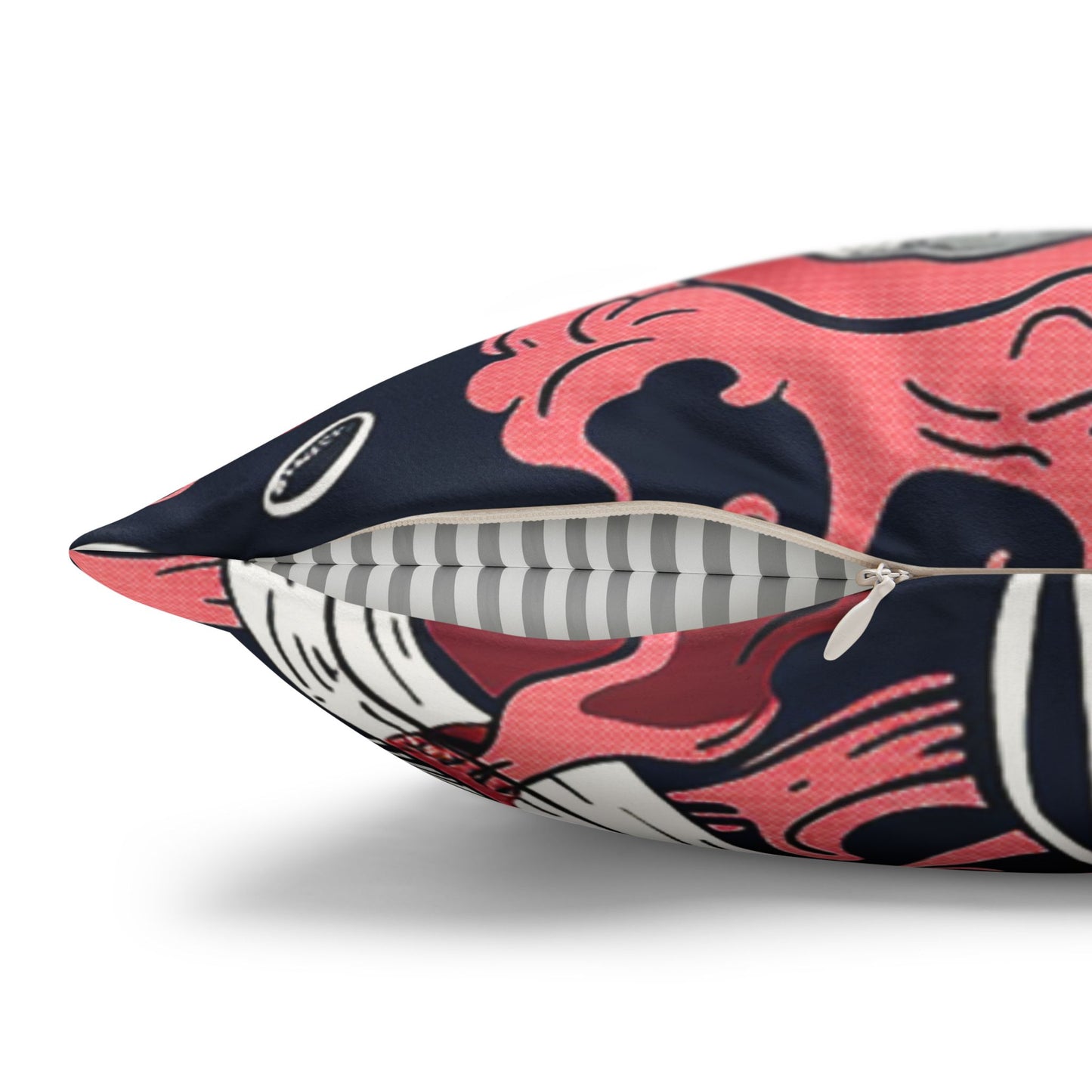 Details of a Decorative Pillow of Pirate Skulls in black-grey tricorn hats, coral-red bandanas used as a home decor accessory BimBangDesign