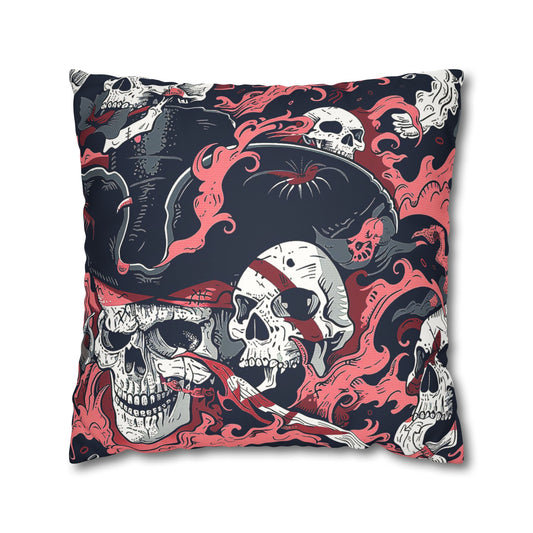 Decorative Pillowcase of Pirate Skulls in black-grey tricorn hats, coral-red bandanas used as a home decor accessory BimBangDesign