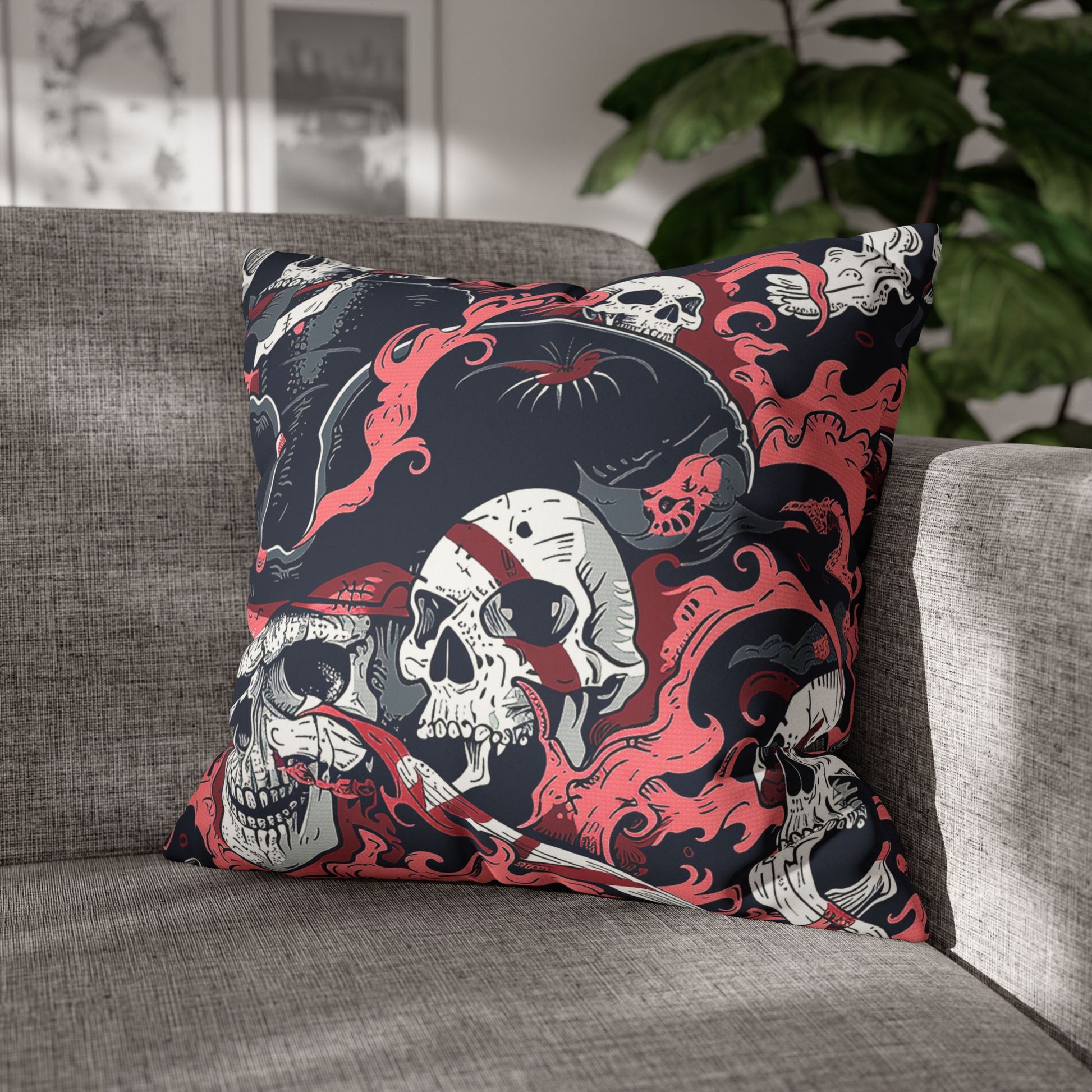 Decorative Pillow of Pirate Skulls, in black-grey tricorn hats, coral-red bandanas on a sofa, used as a home decor accessory BimBangDesign