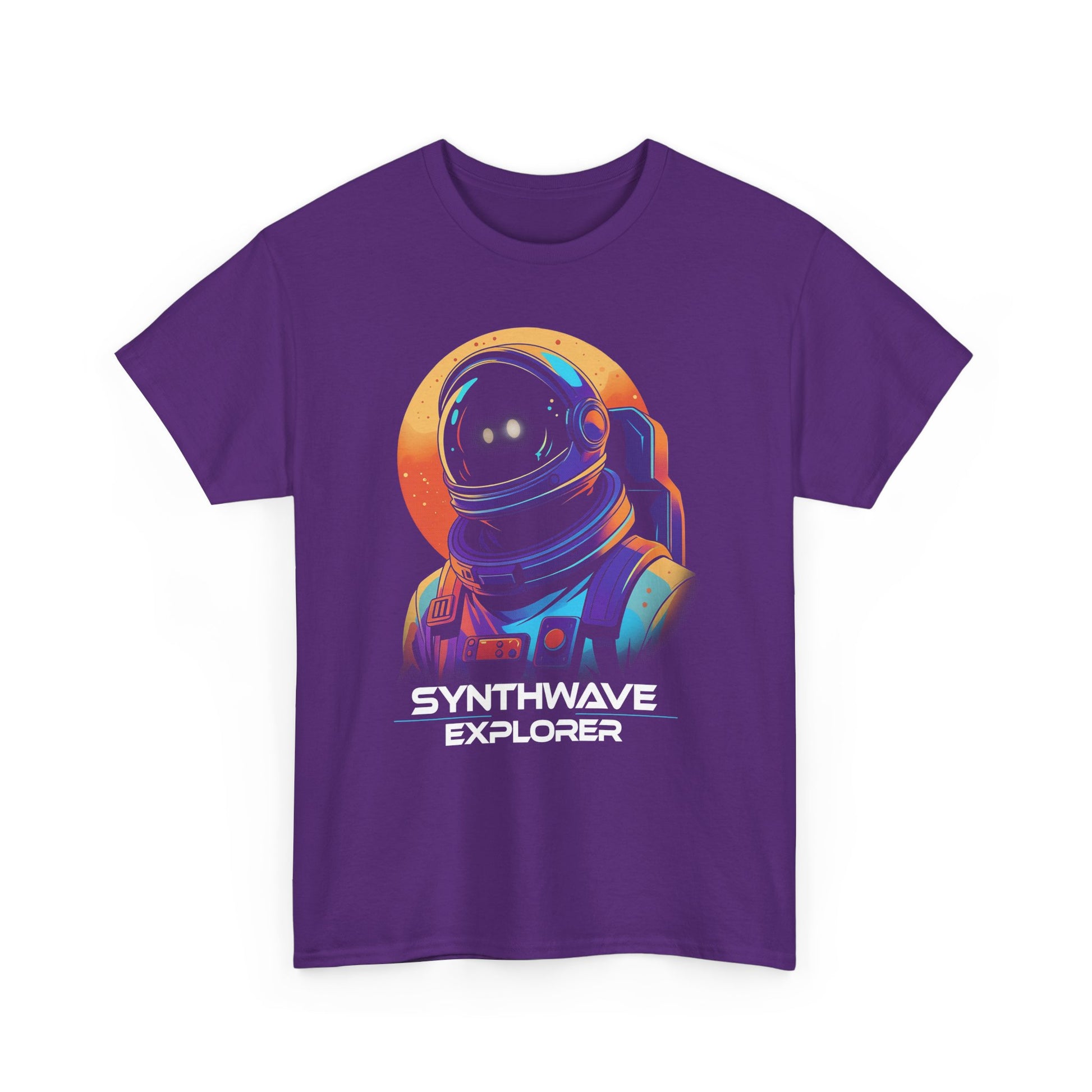 Purple Synthwave Explorer t-shirt with stars and neon sun, retro sci-fi look BimBangDesign