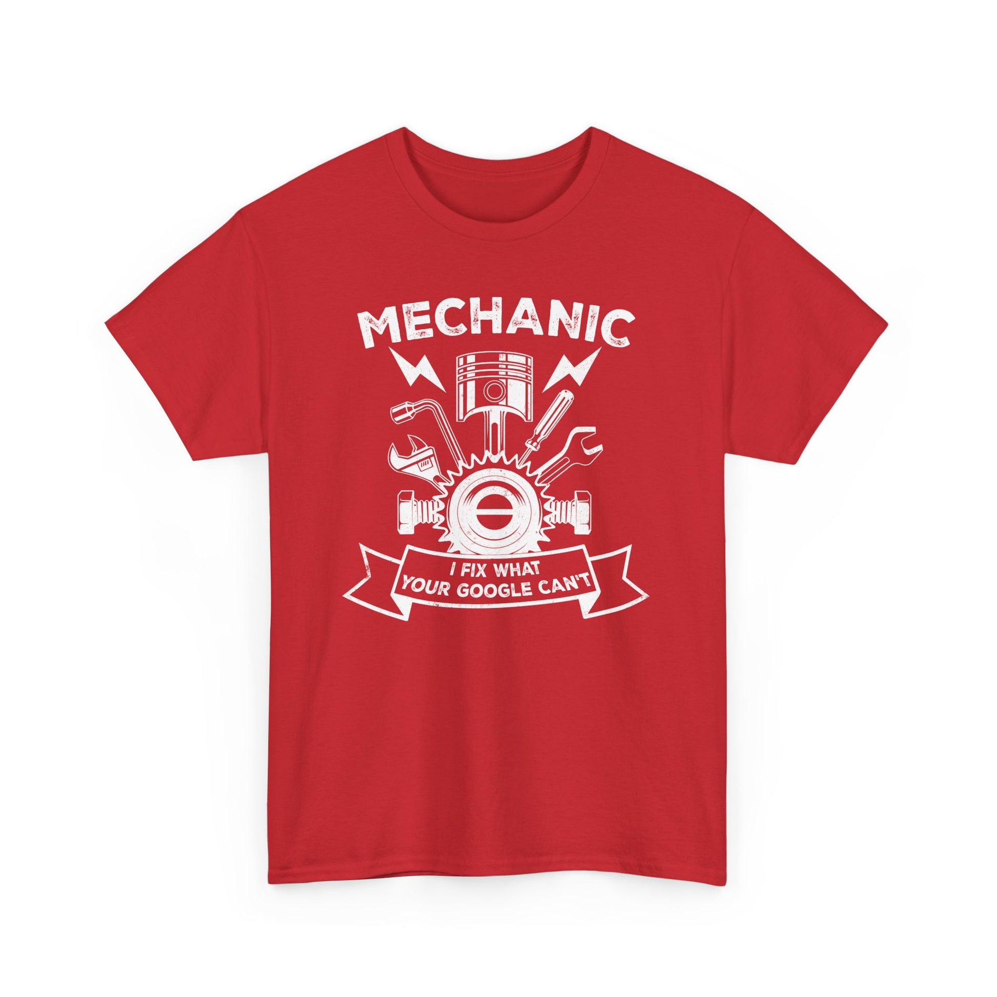 Red Funny mechanic t-shirt with slogan I Fix What your Google Can't BimBangDesign