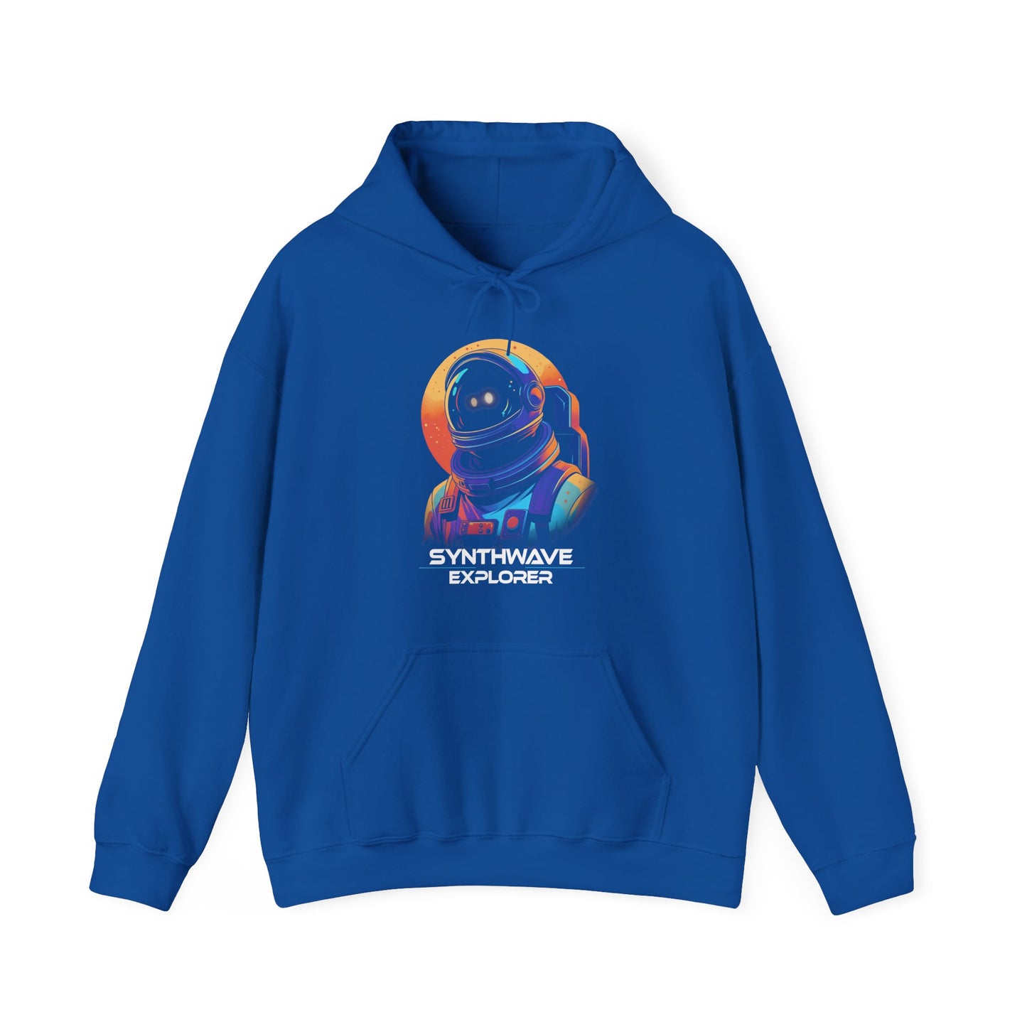 Royal Blue Synthwave Explorer Hoodie with stars, neon sun and retro sci-fi look spaceman BimBangDesign